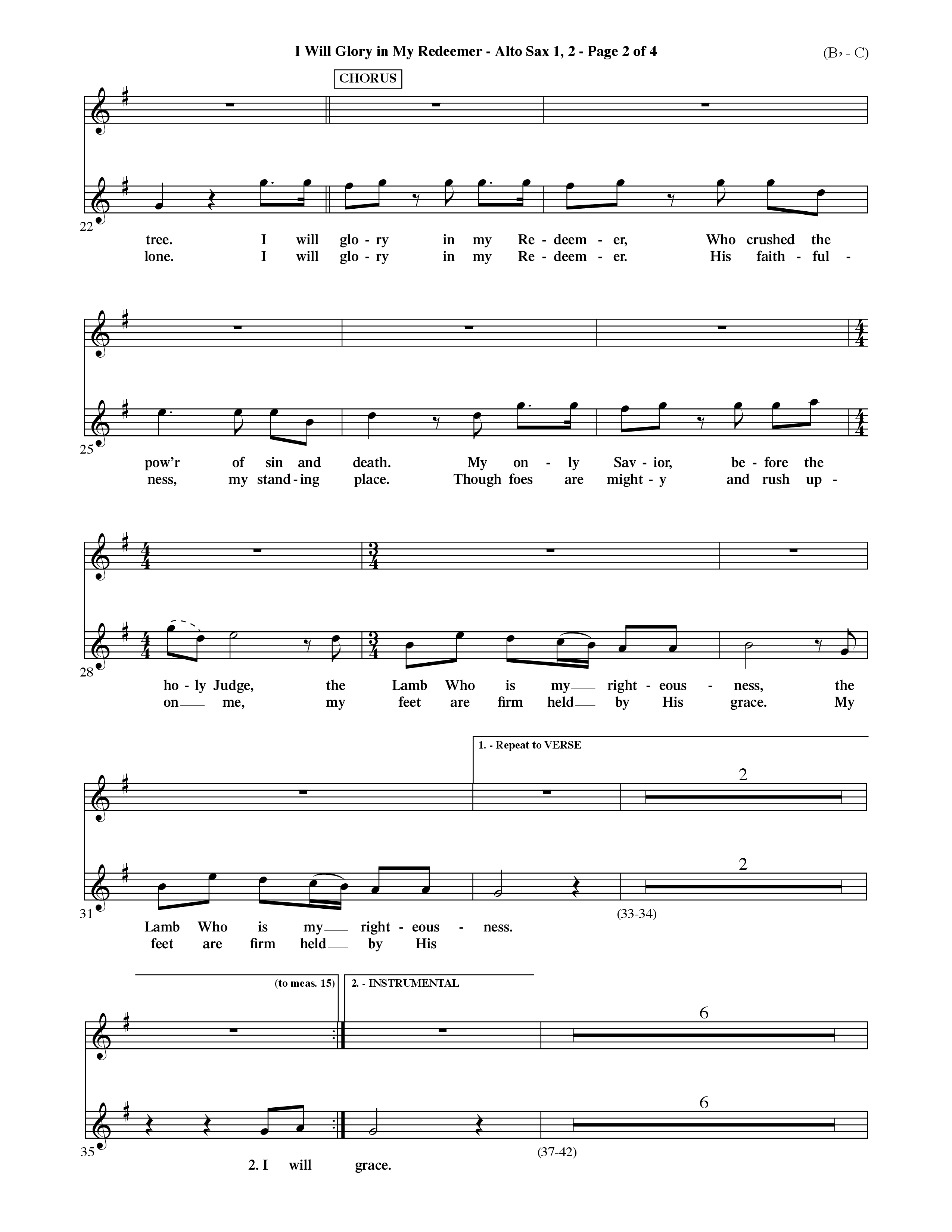 I Will Glory In My Redeemer (Choral Anthem SATB) Alto Sax 1/2 (Word Music Choral / Orch. David Shipps)