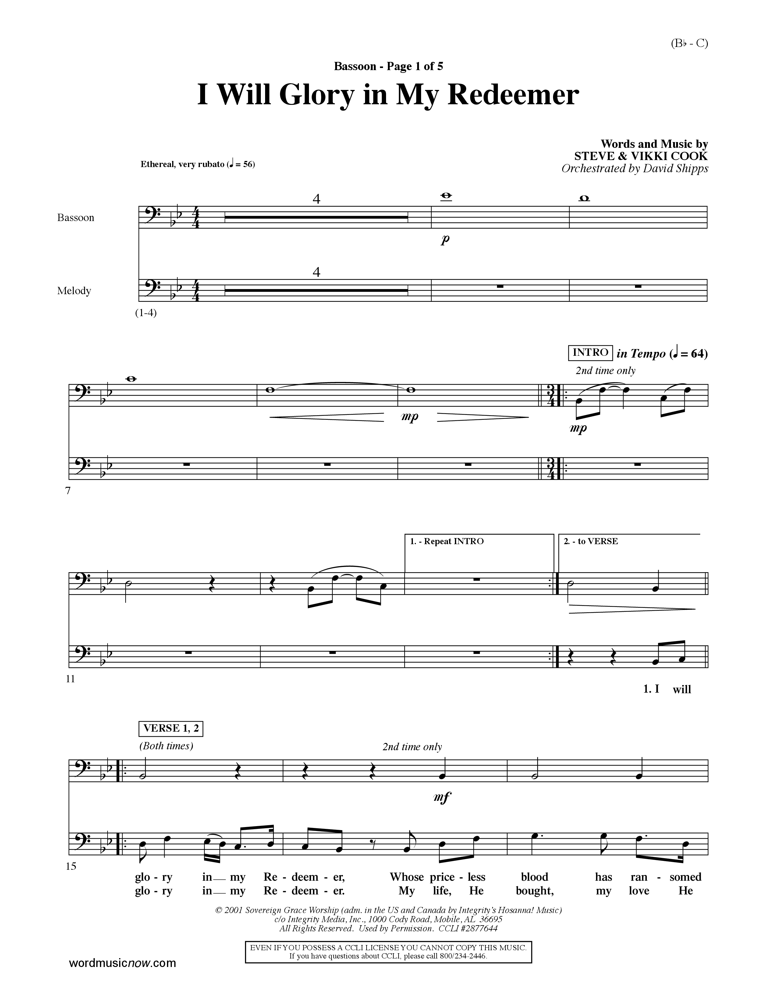 I Will Glory In My Redeemer (Choral Anthem SATB) Bassoon (Word Music Choral / Orch. David Shipps)