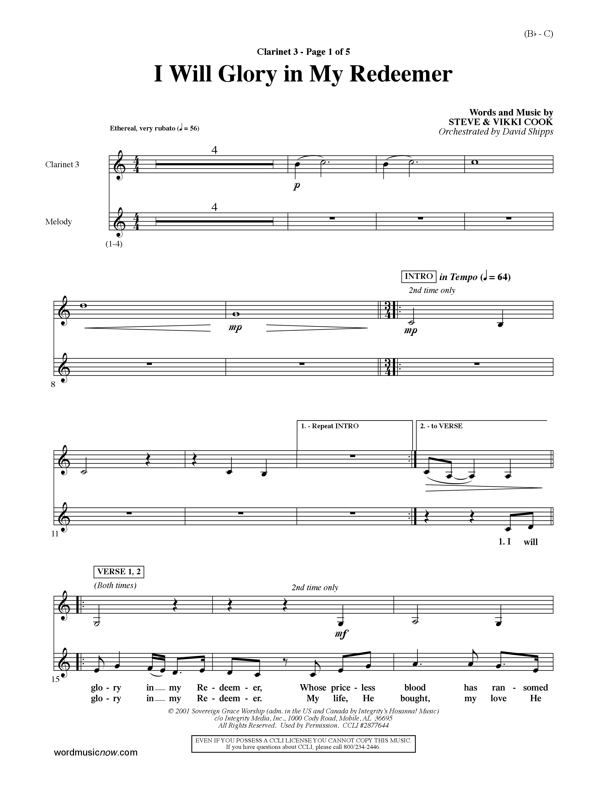 I Will Glory In My Redeemer (Choral Anthem SATB) Clarinet 3 (Word Music Choral / Orch. David Shipps)