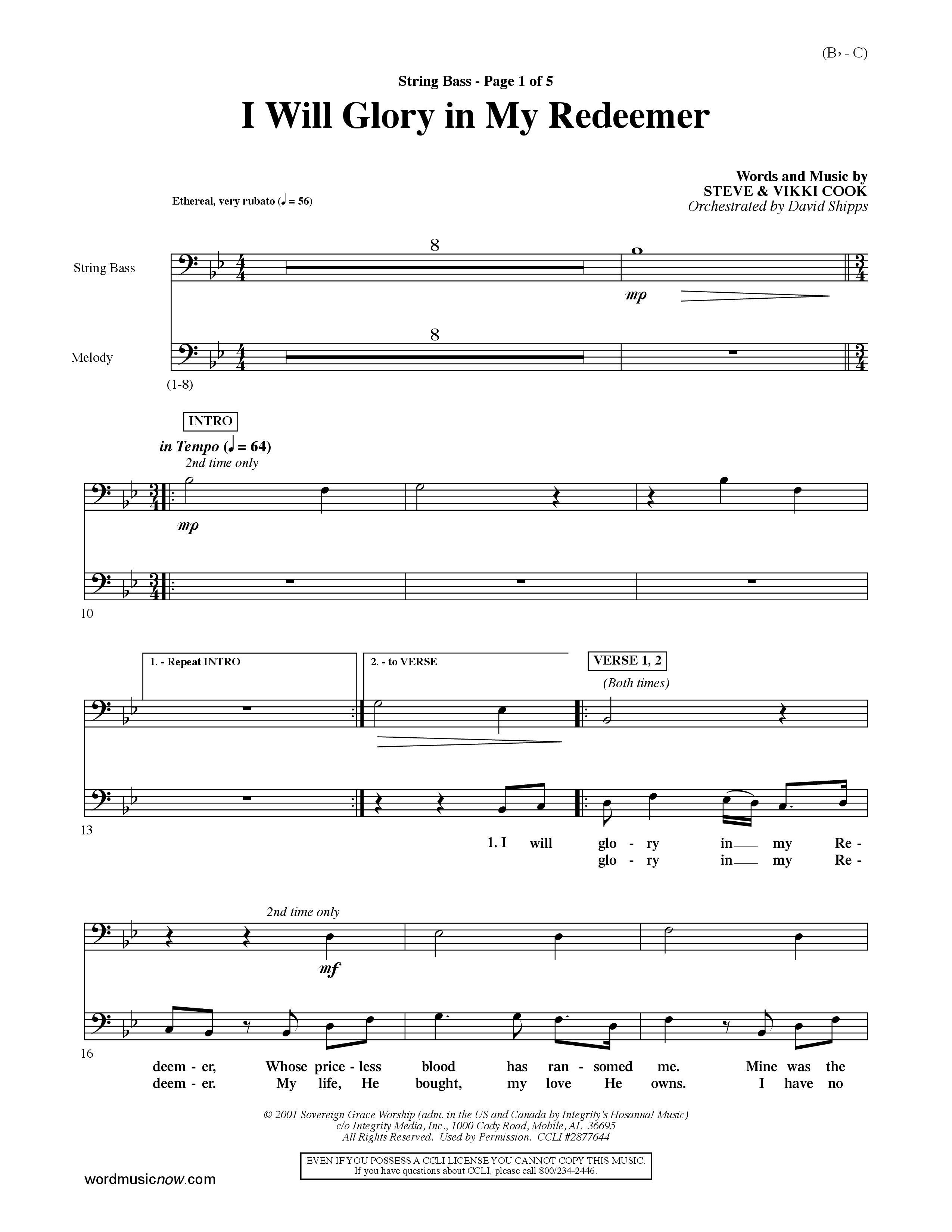 I Will Glory In My Redeemer (Choral Anthem SATB) Double Bass (Word Music Choral / Orch. David Shipps)