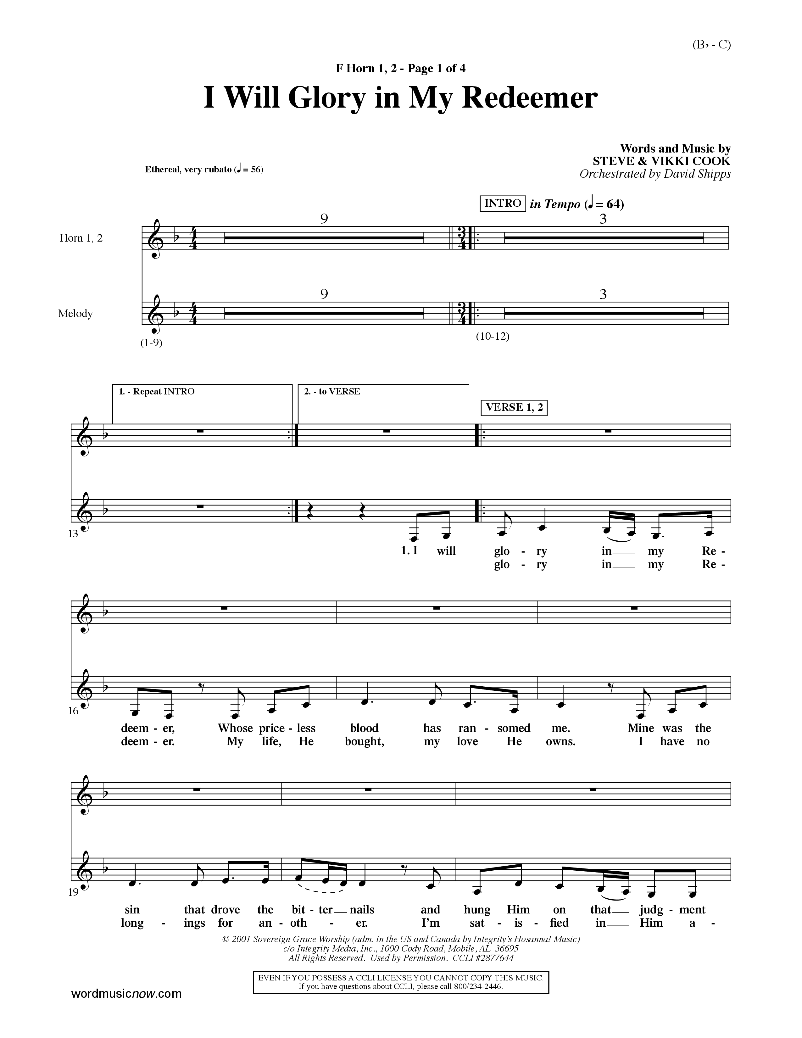 I Will Glory In My Redeemer (Choral Anthem SATB) French Horn (Word Music Choral / Orch. David Shipps)