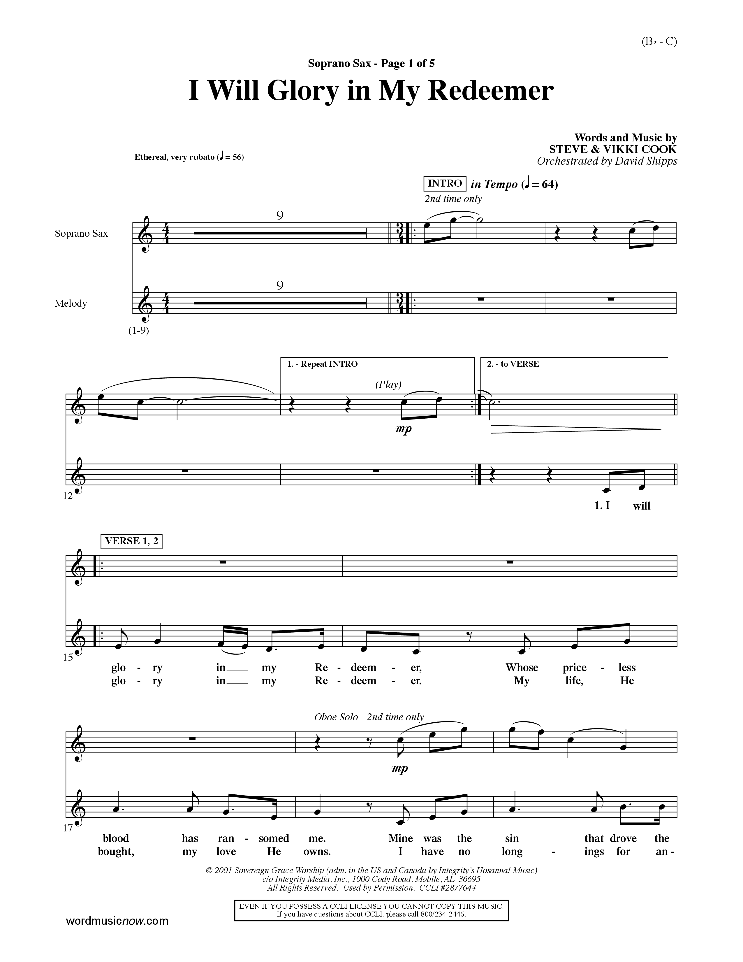 I Will Glory In My Redeemer (Choral Anthem SATB) Saxophone (Word Music Choral / Orch. David Shipps)