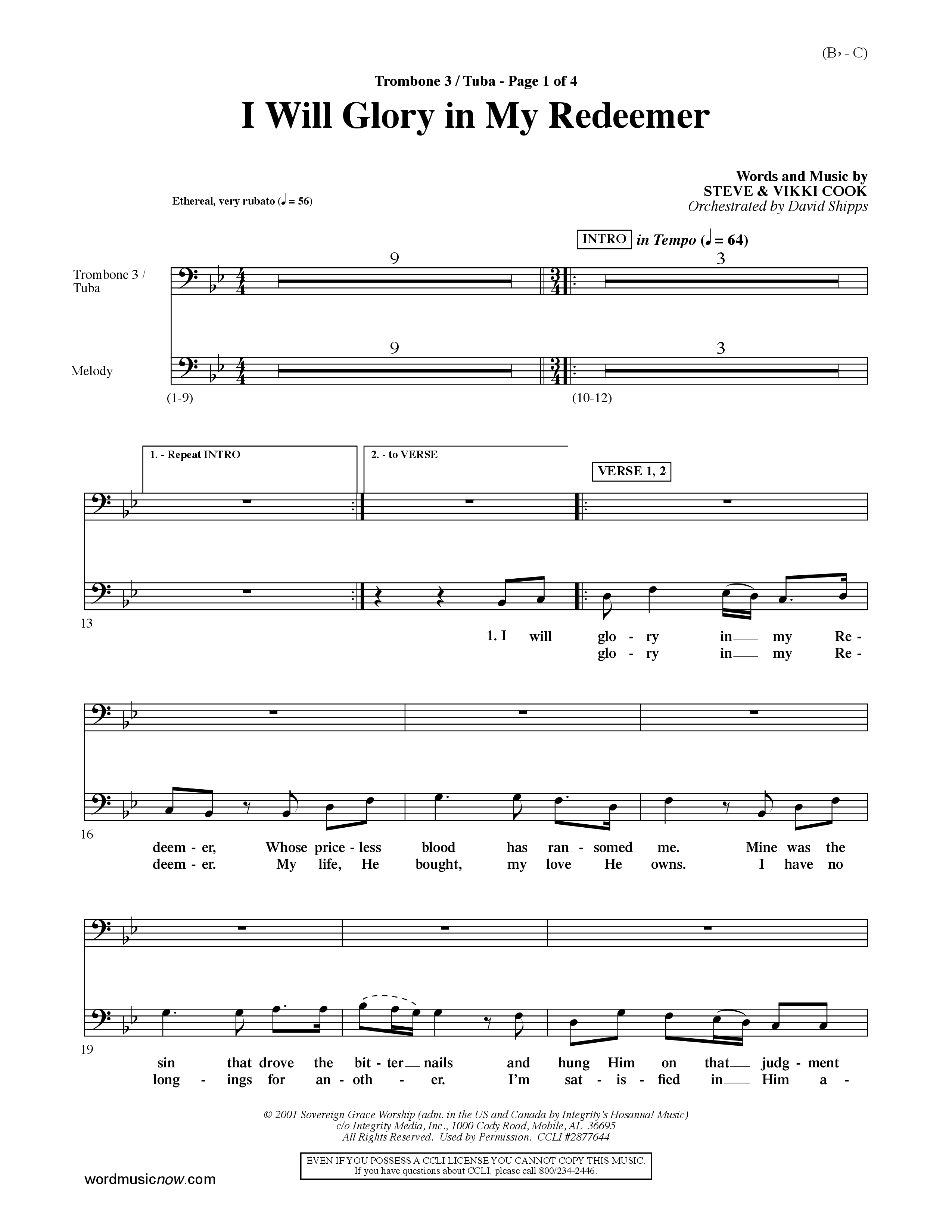 I Will Glory In My Redeemer (Choral Anthem SATB) Trombone 3/Tuba (Word Music Choral / Orch. David Shipps)