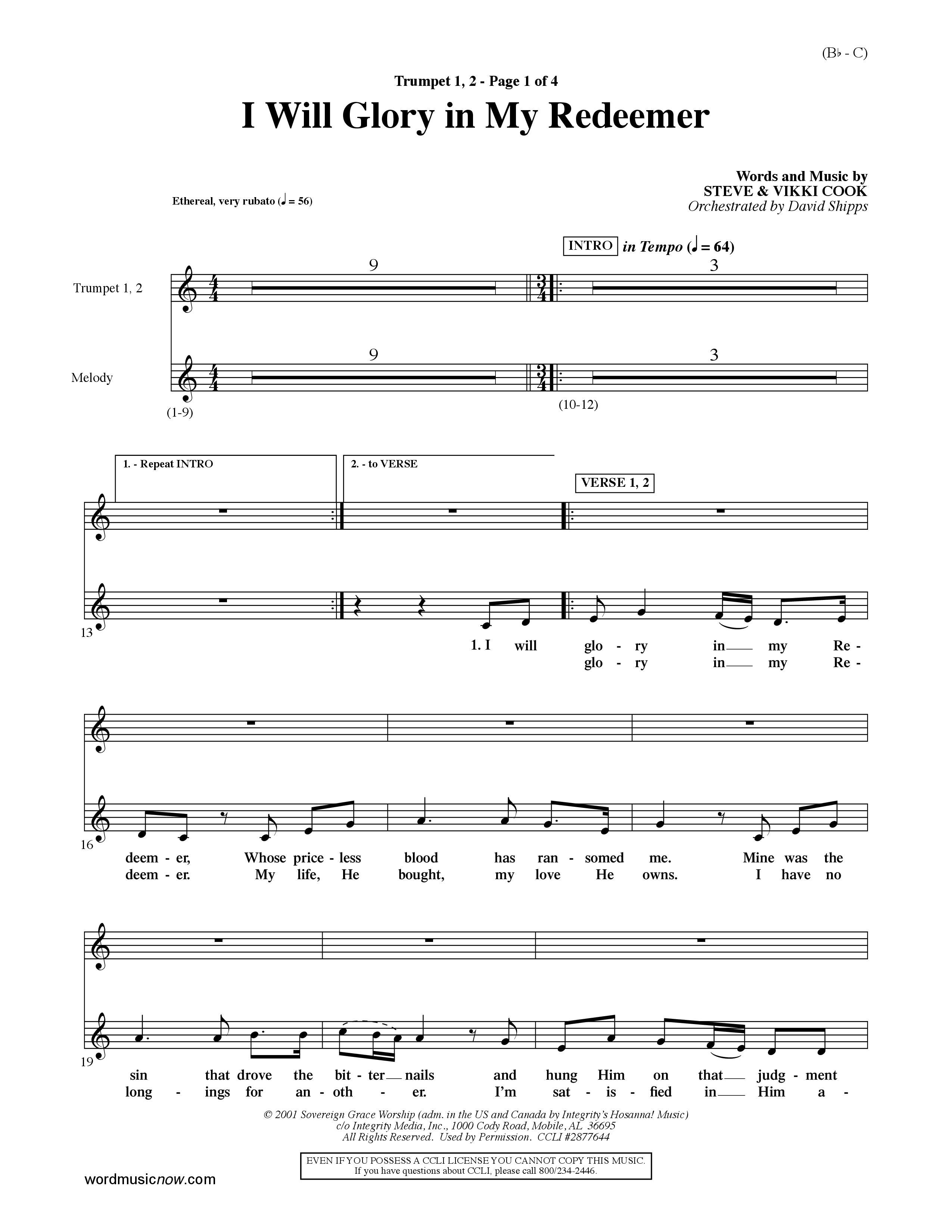 I Will Glory In My Redeemer (Choral Anthem SATB) Trumpet 1,2 (Word Music Choral / Orch. David Shipps)