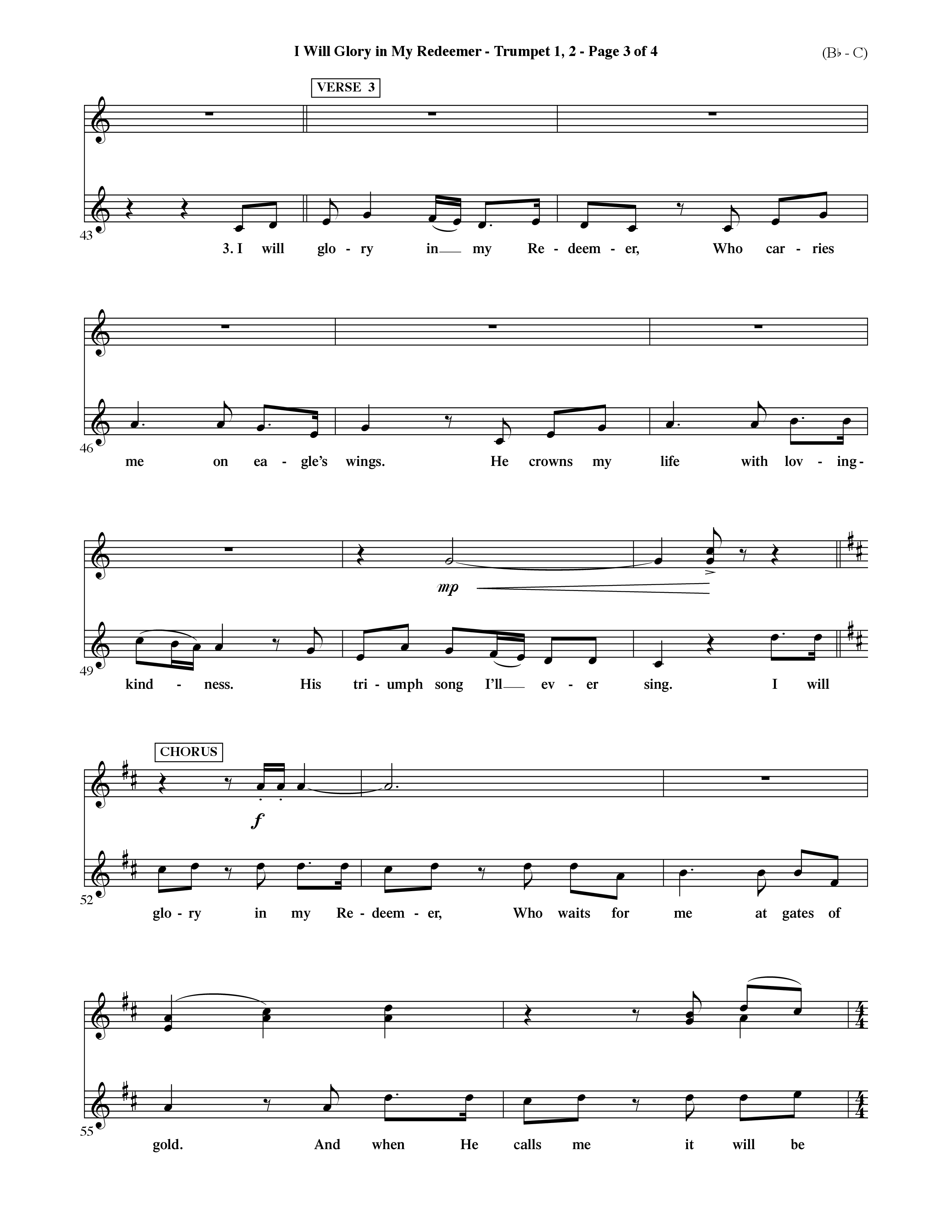 I Will Glory In My Redeemer (Choral Anthem SATB) Trumpet 1,2 (Word Music Choral / Orch. David Shipps)
