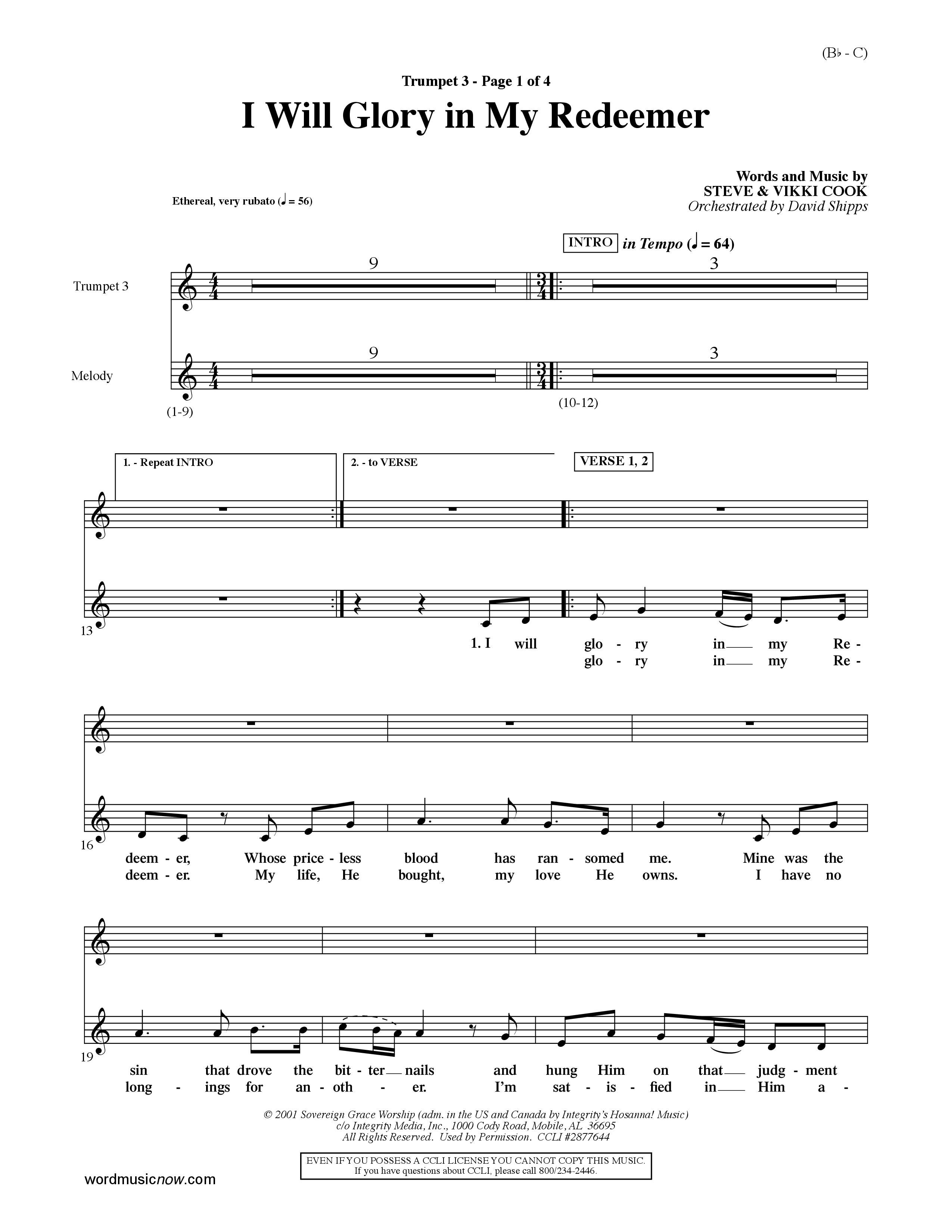 I Will Glory In My Redeemer (Choral Anthem SATB) Trumpet 3 (Word Music Choral / Orch. David Shipps)