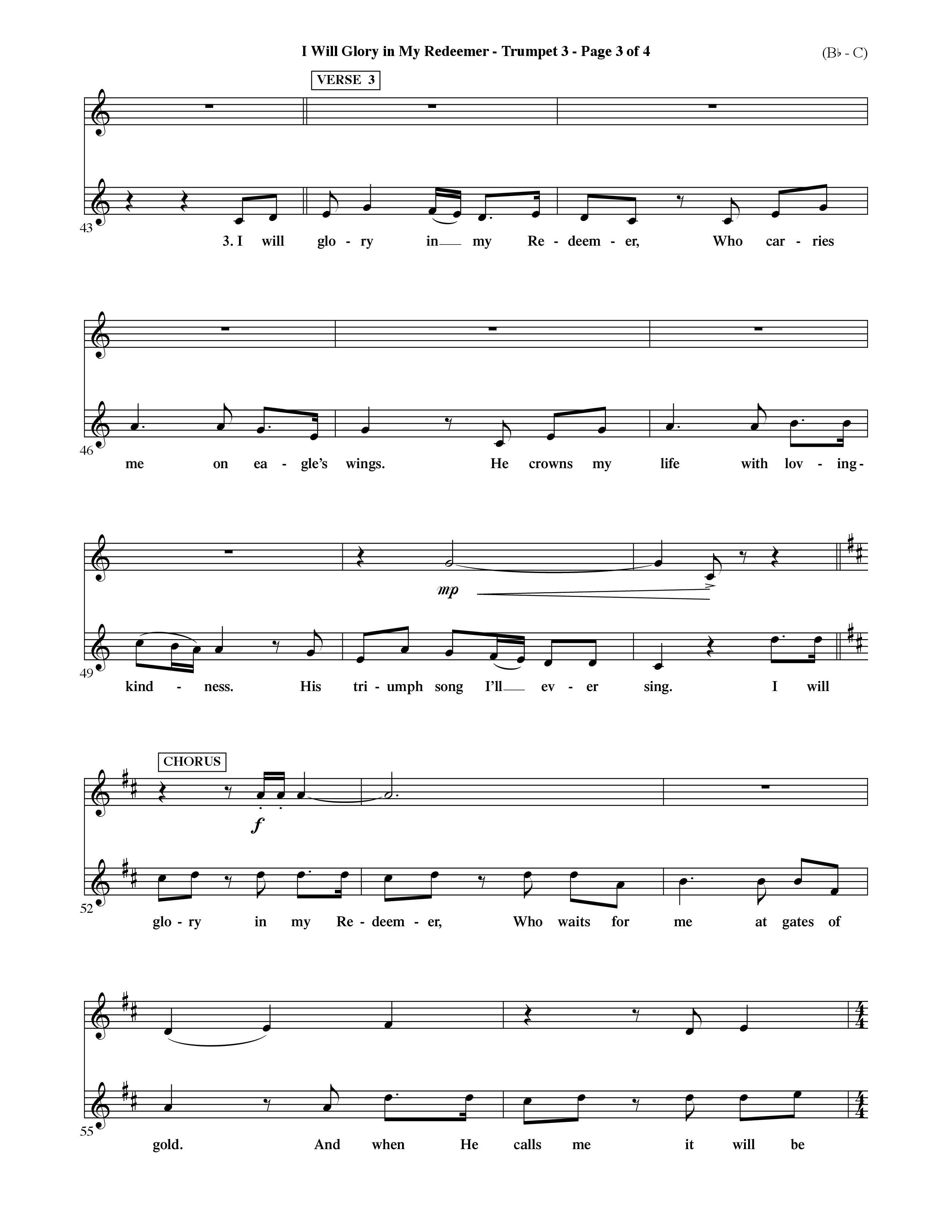 I Will Glory In My Redeemer (Choral Anthem SATB) Trumpet 3 (Word Music Choral / Orch. David Shipps)