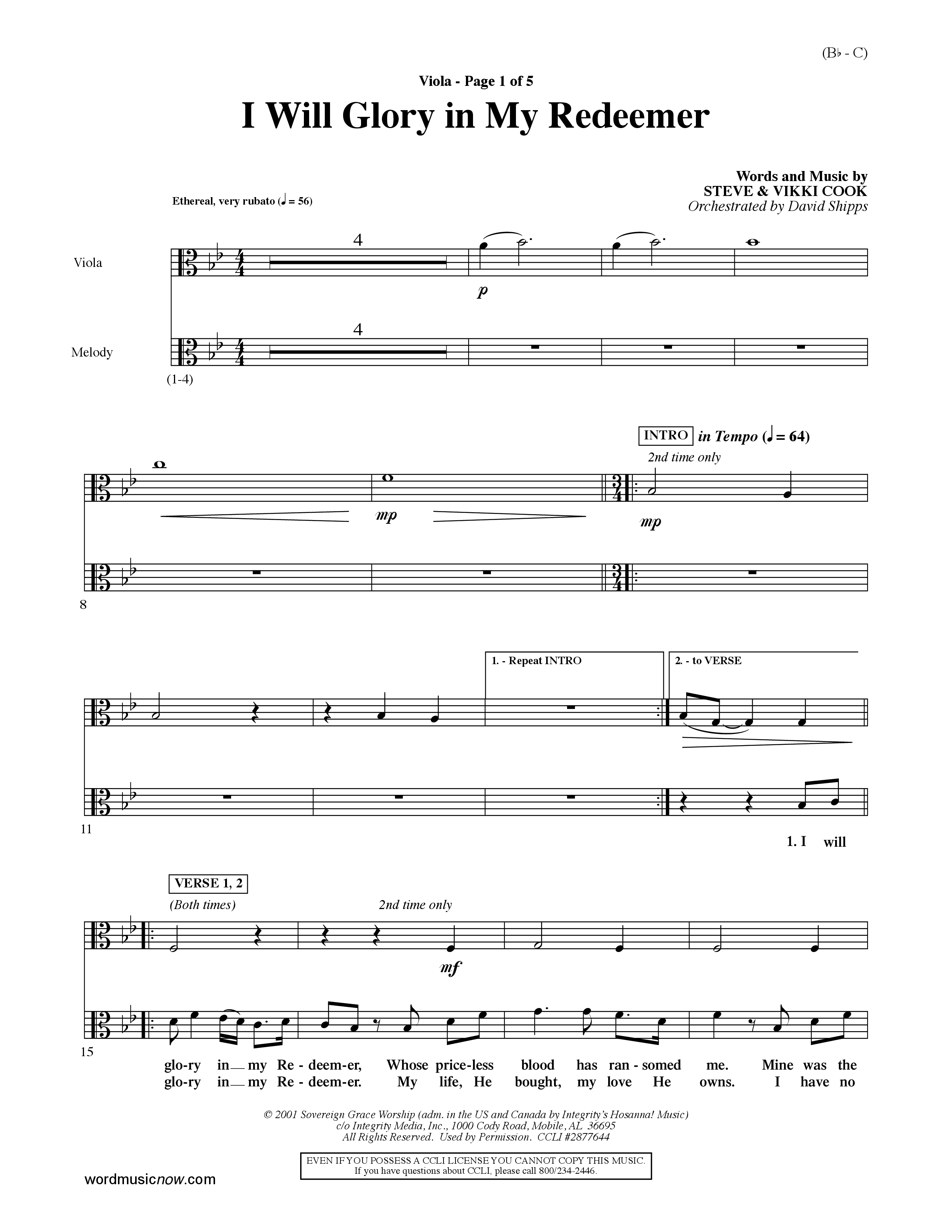 I Will Glory In My Redeemer (Choral Anthem SATB) Viola (Word Music Choral / Orch. David Shipps)
