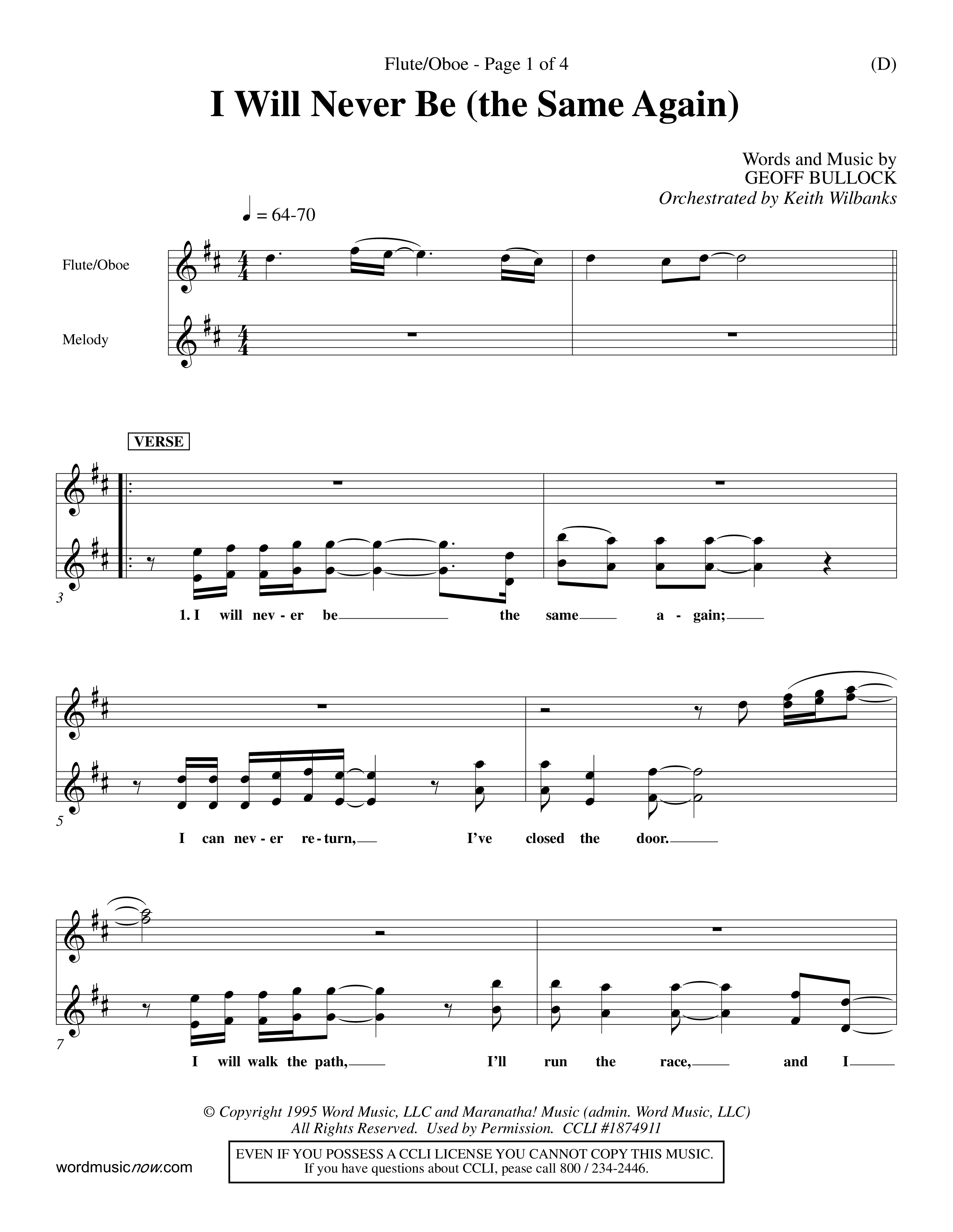 I Will Never Be (Choral Anthem SATB) Flute/Oboe (Word Music Choral / Orch. Keith Wilbanks)