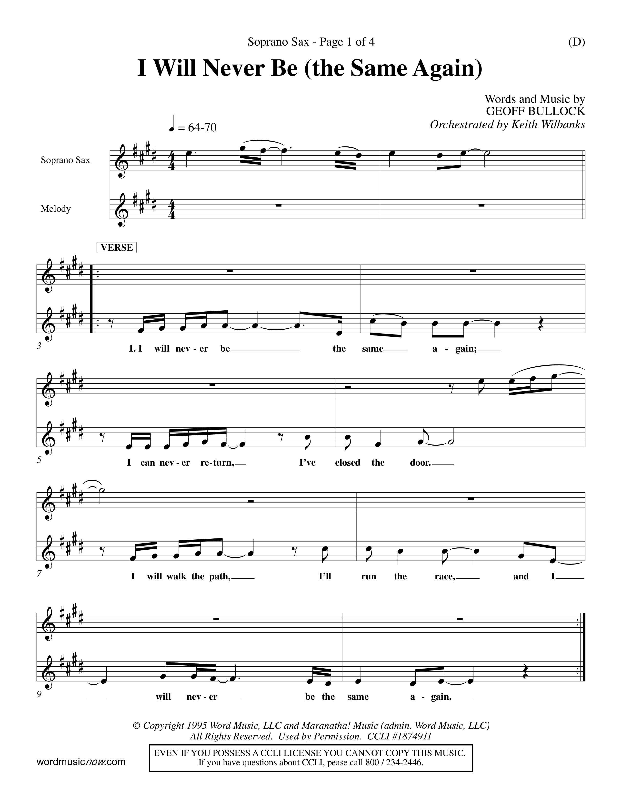 I Will Never Be (Choral Anthem SATB) Saxophone (Word Music Choral / Orch. Keith Wilbanks)