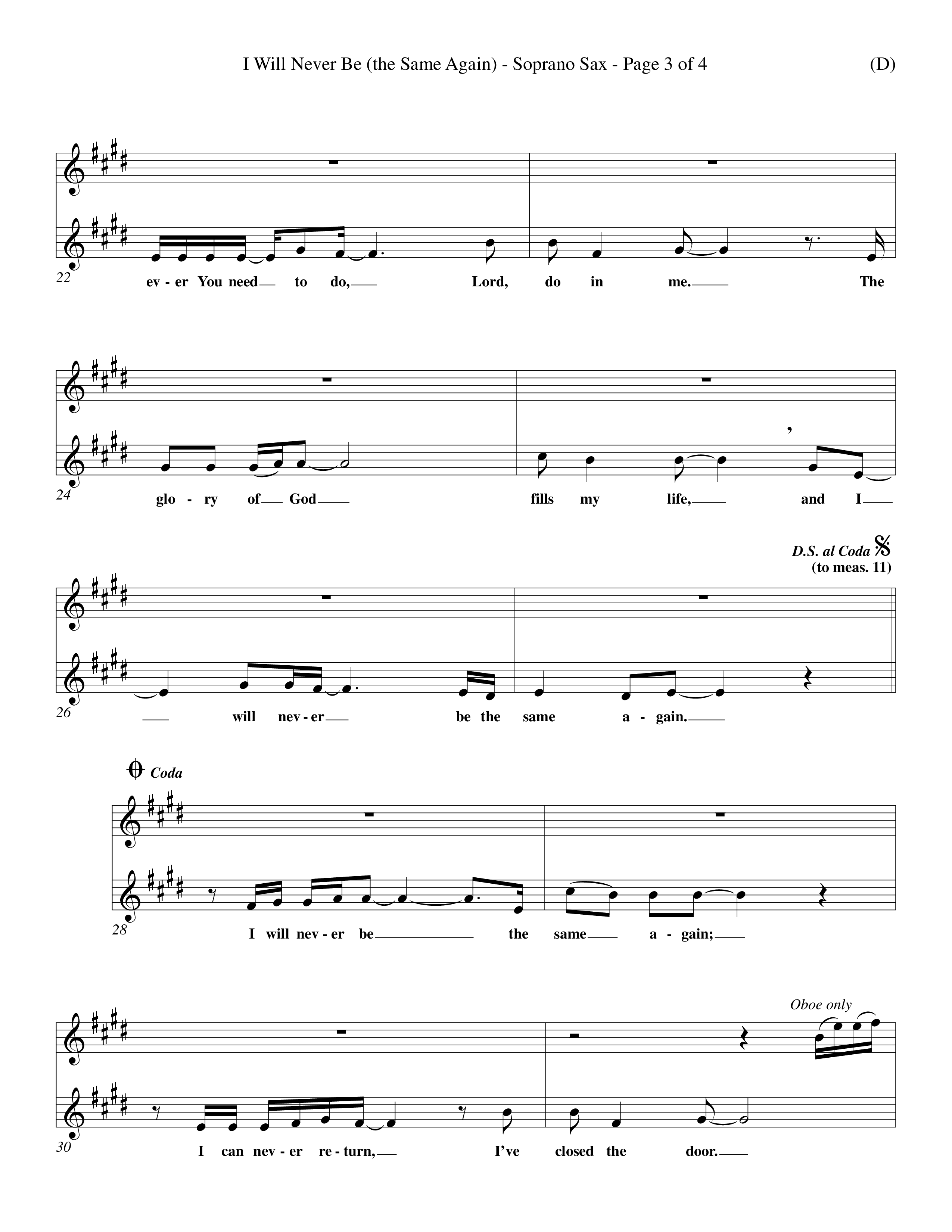 I Will Never Be (Choral Anthem SATB) Saxophone (Word Music Choral / Orch. Keith Wilbanks)