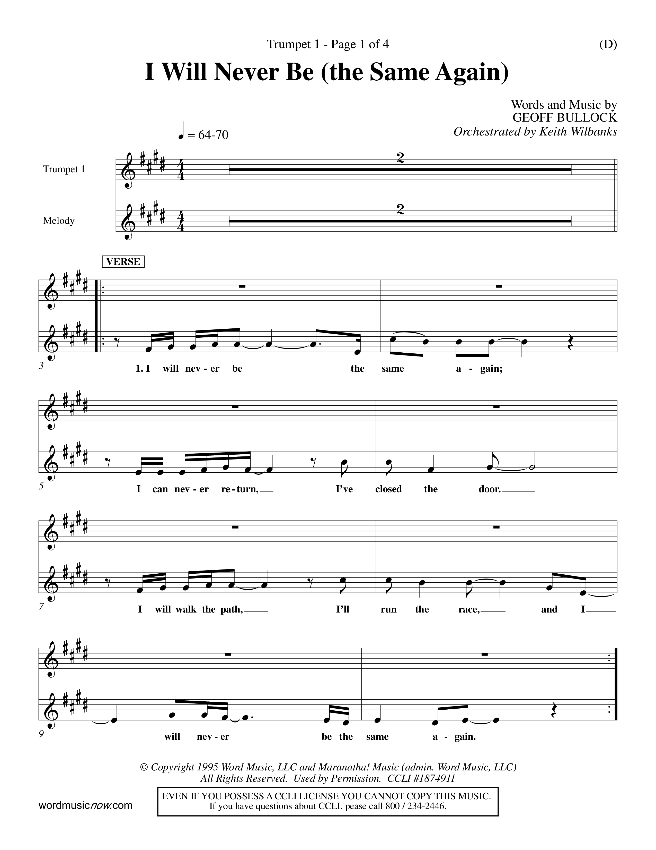 I Will Never Be (Choral Anthem SATB) Trumpet 1 (Word Music Choral / Orch. Keith Wilbanks)