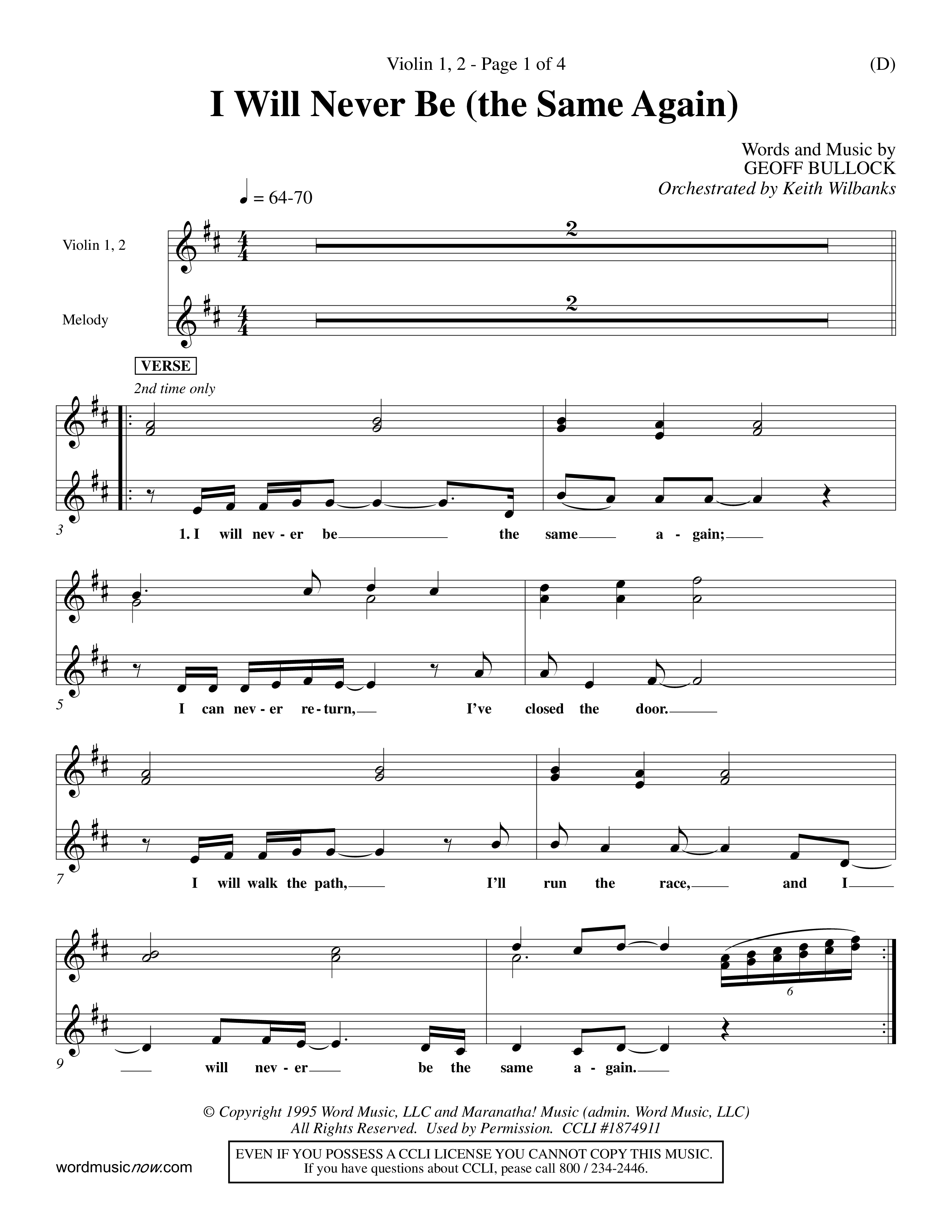 I Will Never Be (Choral Anthem SATB) Violin 1/2 (Word Music Choral / Orch. Keith Wilbanks)