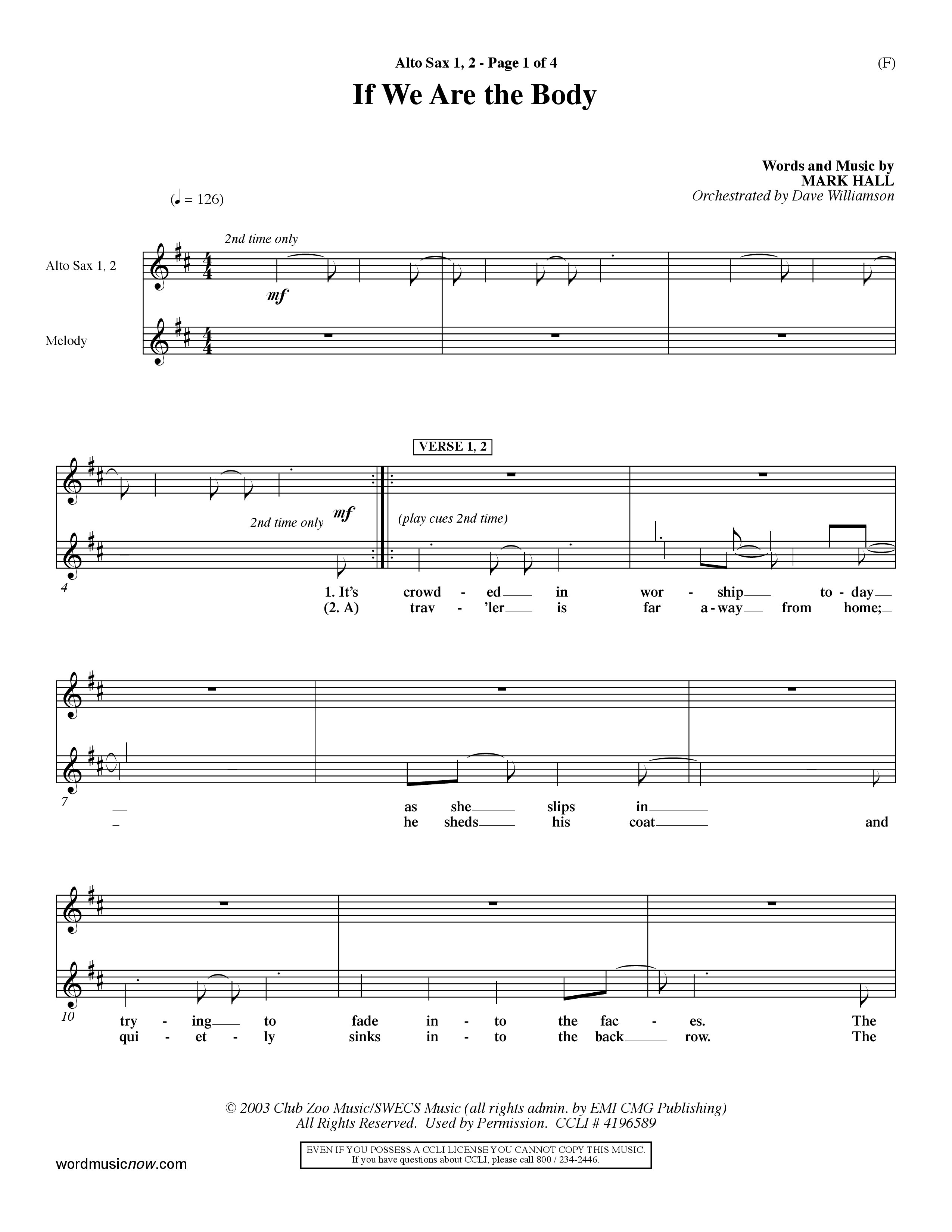 If We Are The Body (Choral Anthem SATB) Alto Sax 1/2 (Word Music Choral / Orch. Dave Williamson)