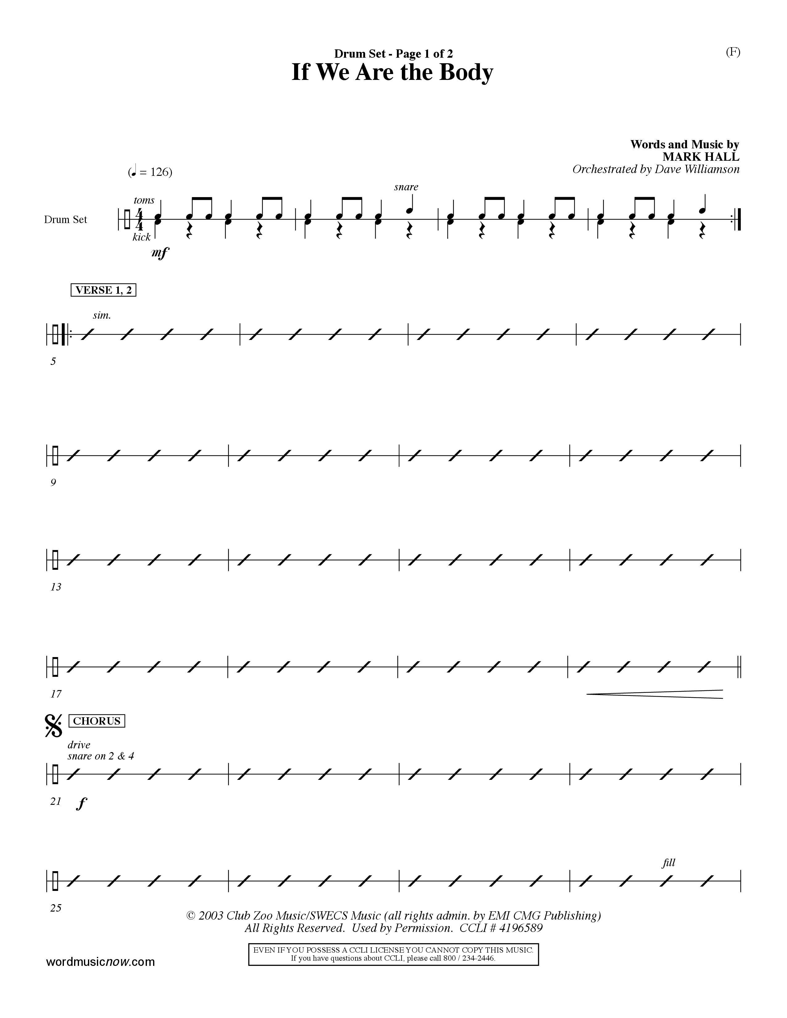 If We Are The Body (Choral Anthem SATB) Drum Set (Word Music Choral / Orch. Dave Williamson)