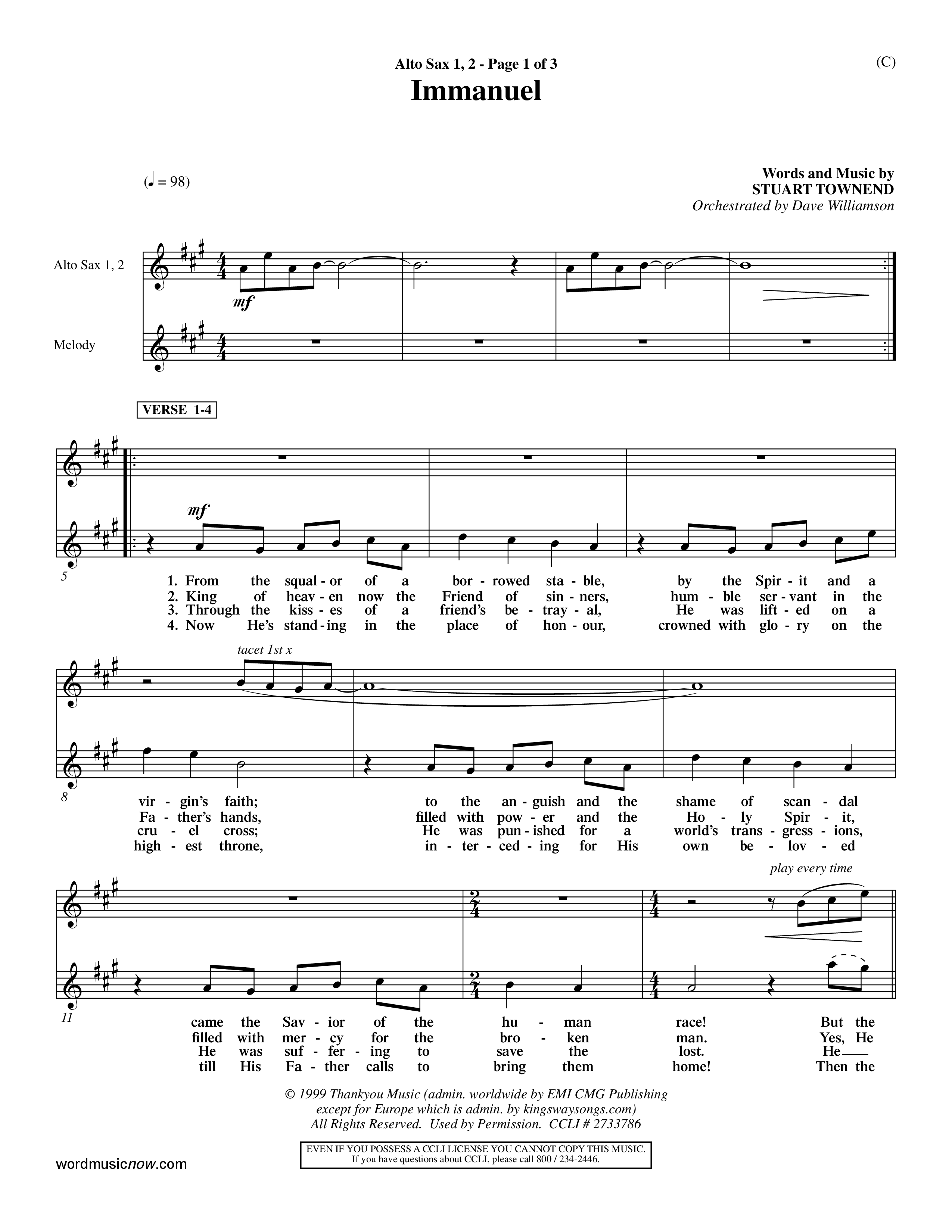 Immanuel (Choral Anthem SATB) Alto Sax 1/2 (Word Music Choral / Orch. Dave Williamson)