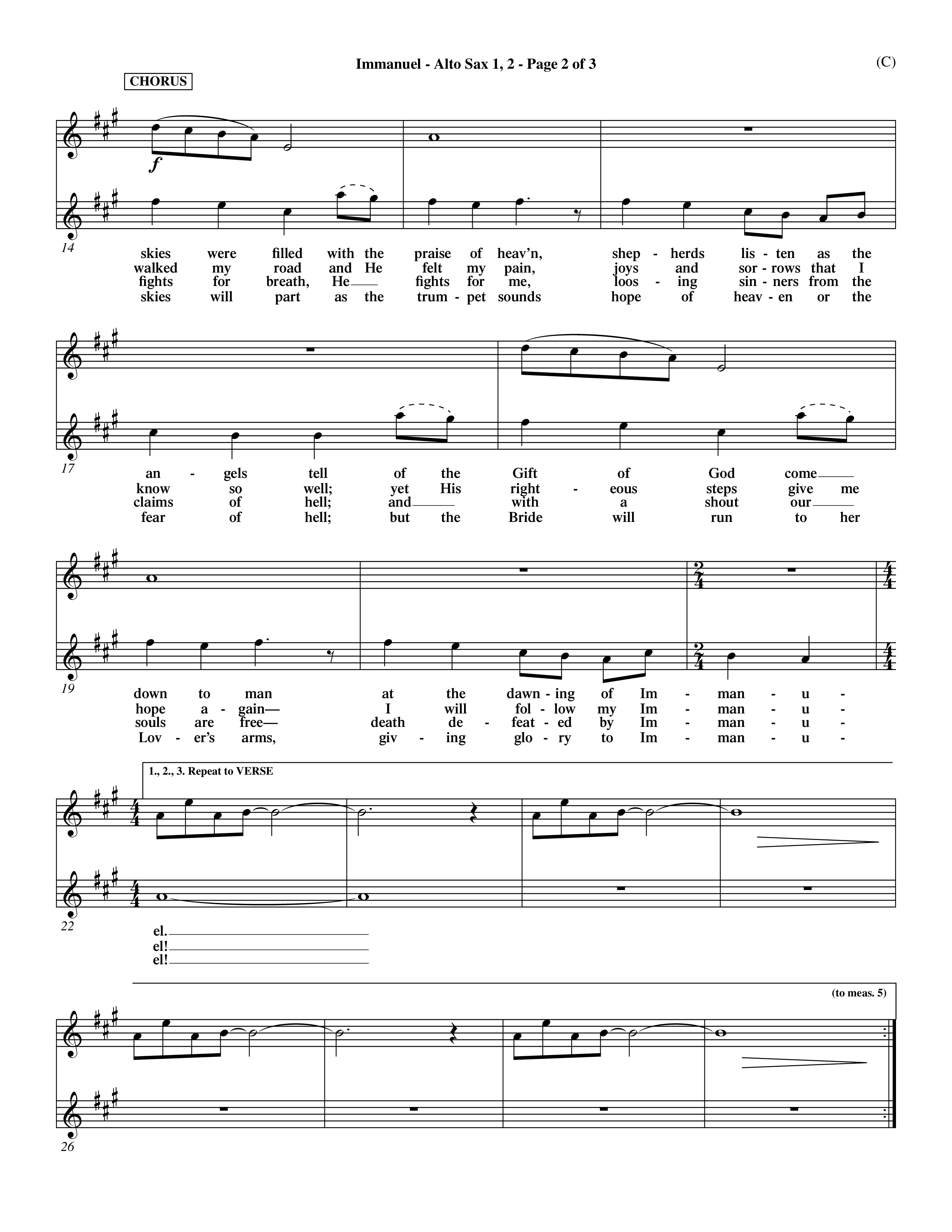 Immanuel (Choral Anthem SATB) Alto Sax 1/2 (Word Music Choral / Orch. Dave Williamson)