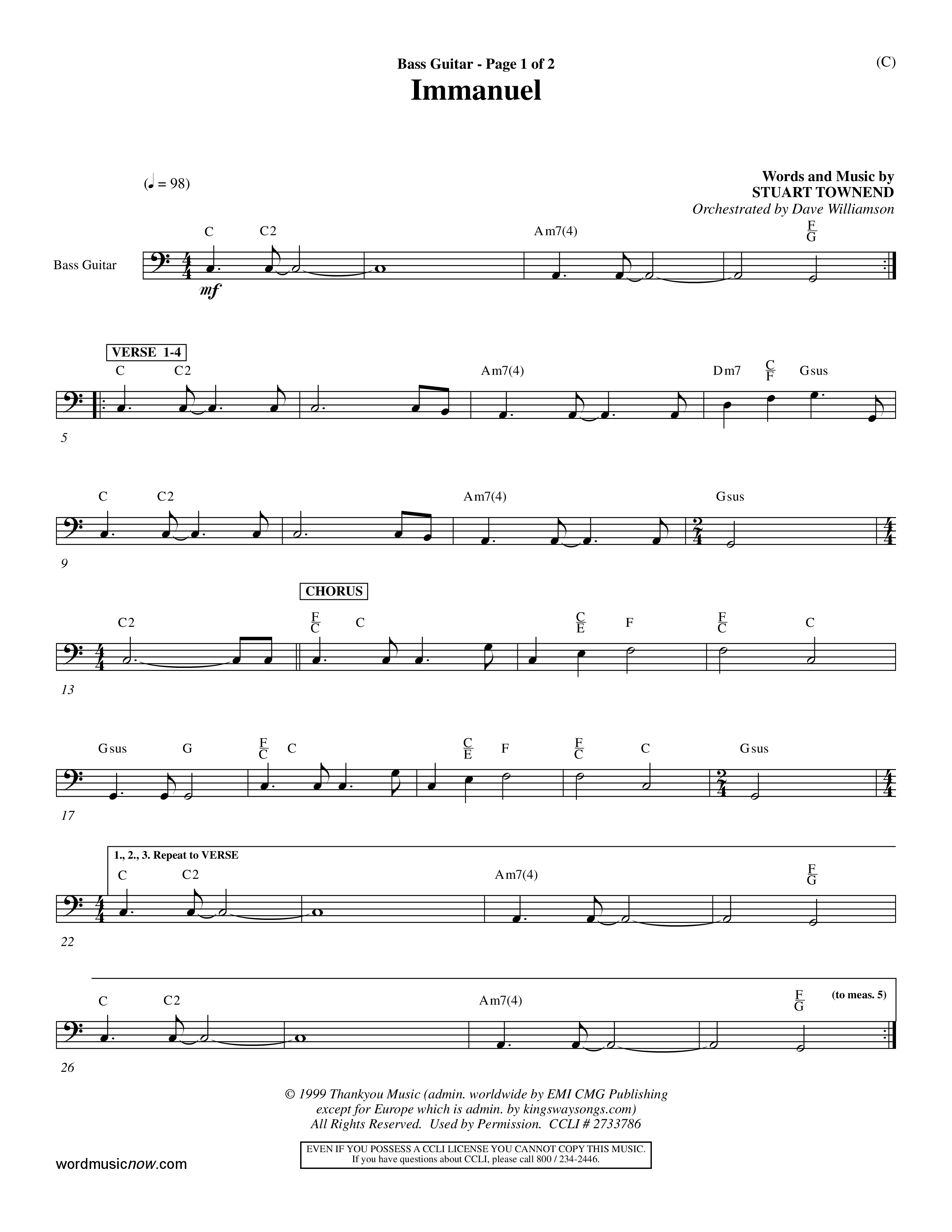 Immanuel (Choral Anthem SATB) Bass Guitar (Word Music Choral / Orch. Dave Williamson)