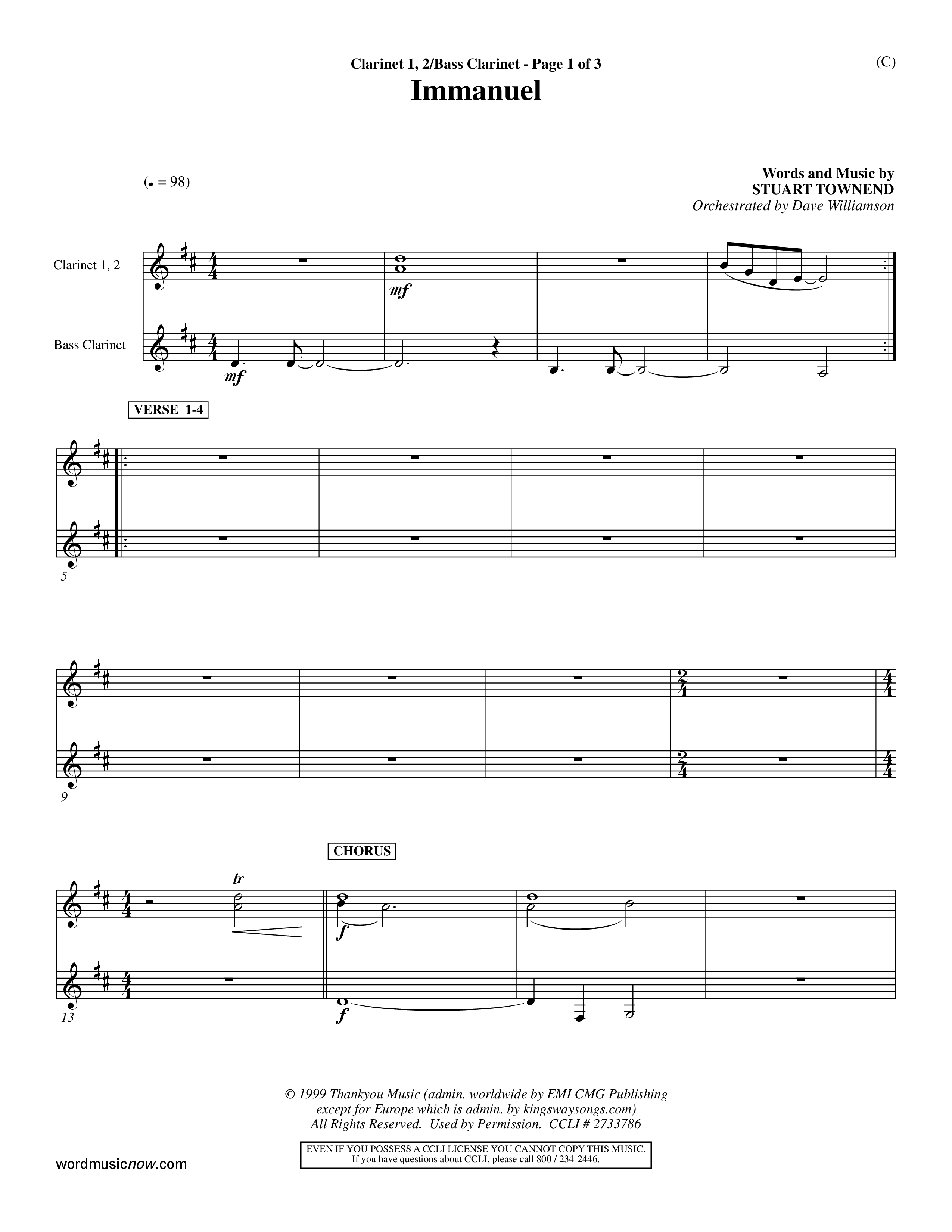 Immanuel (Choral Anthem SATB) Clarinet 1/2, Bass Clarinet (Word Music Choral / Orch. Dave Williamson)
