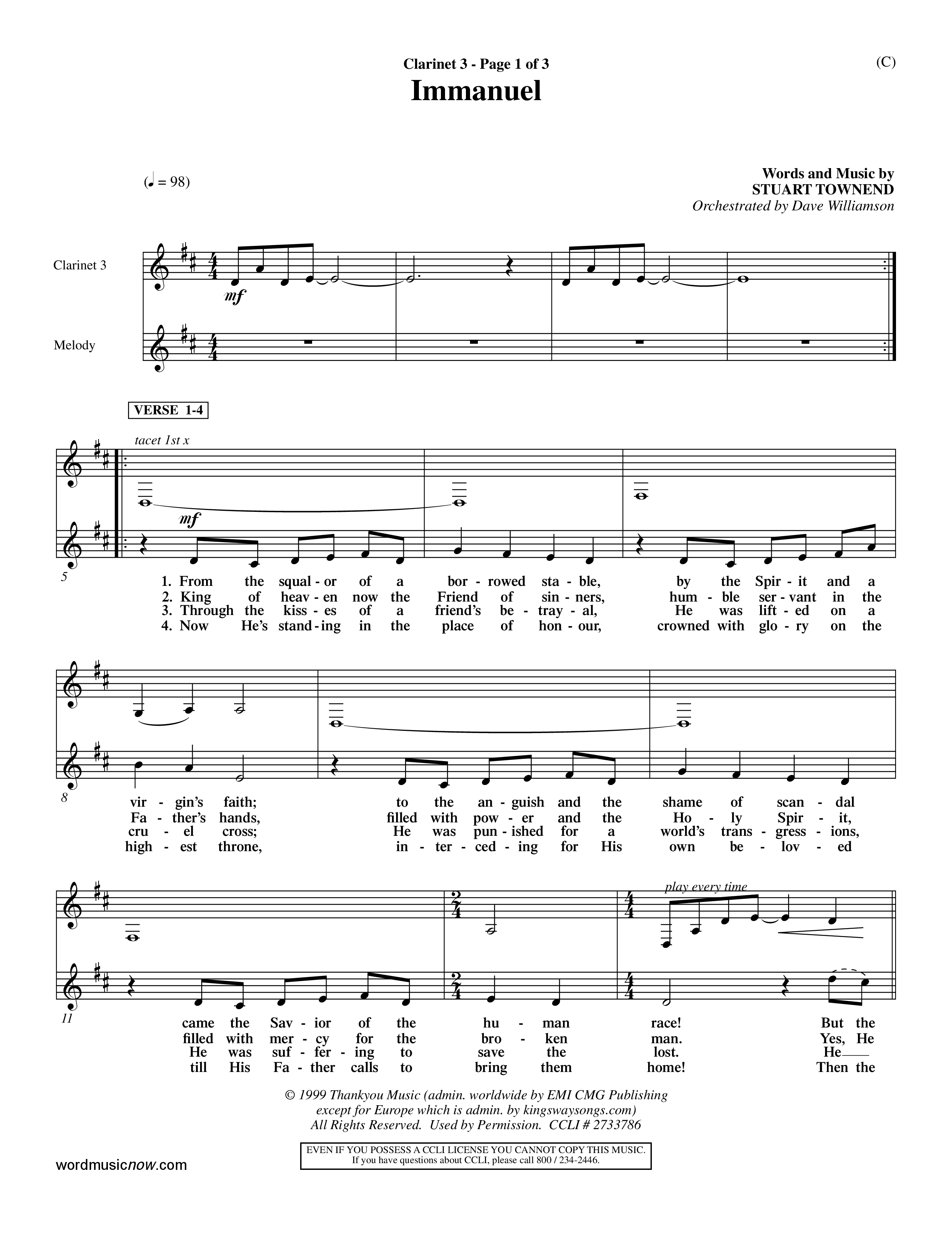 Immanuel (Choral Anthem SATB) Clarinet 3 (Word Music Choral / Orch. Dave Williamson)