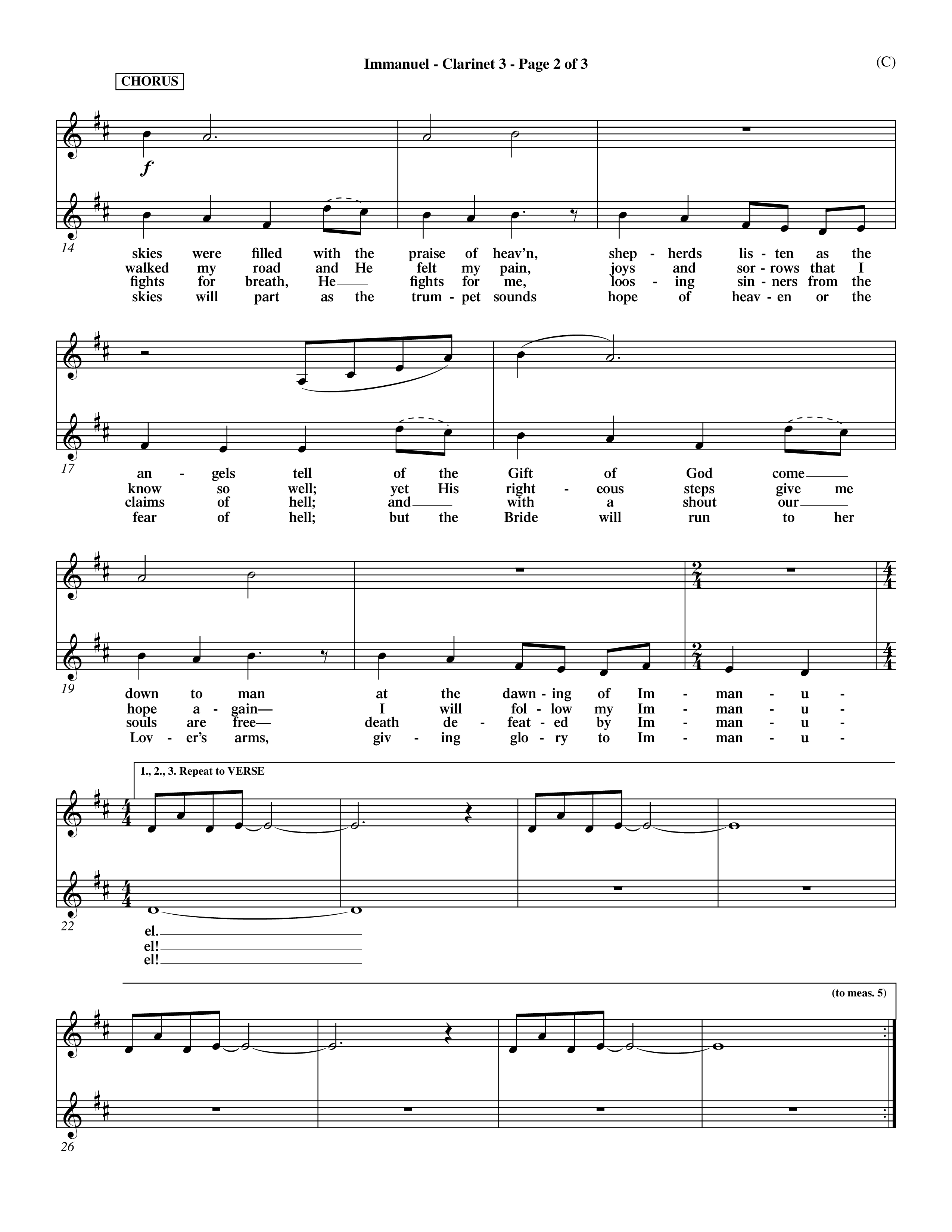Immanuel (Choral Anthem SATB) Clarinet 3 (Word Music Choral / Orch. Dave Williamson)