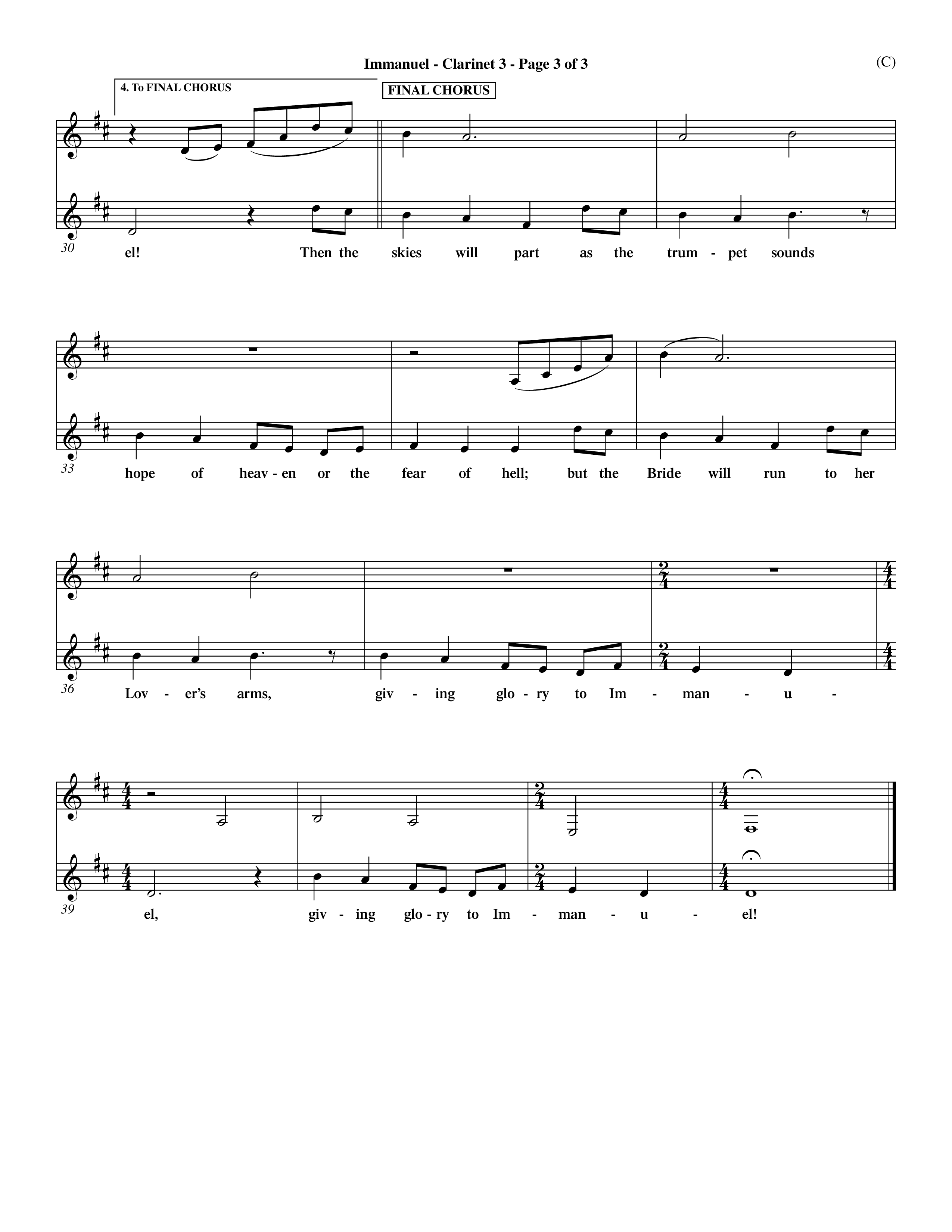 Immanuel (Choral Anthem SATB) Clarinet 3 (Word Music Choral / Orch. Dave Williamson)