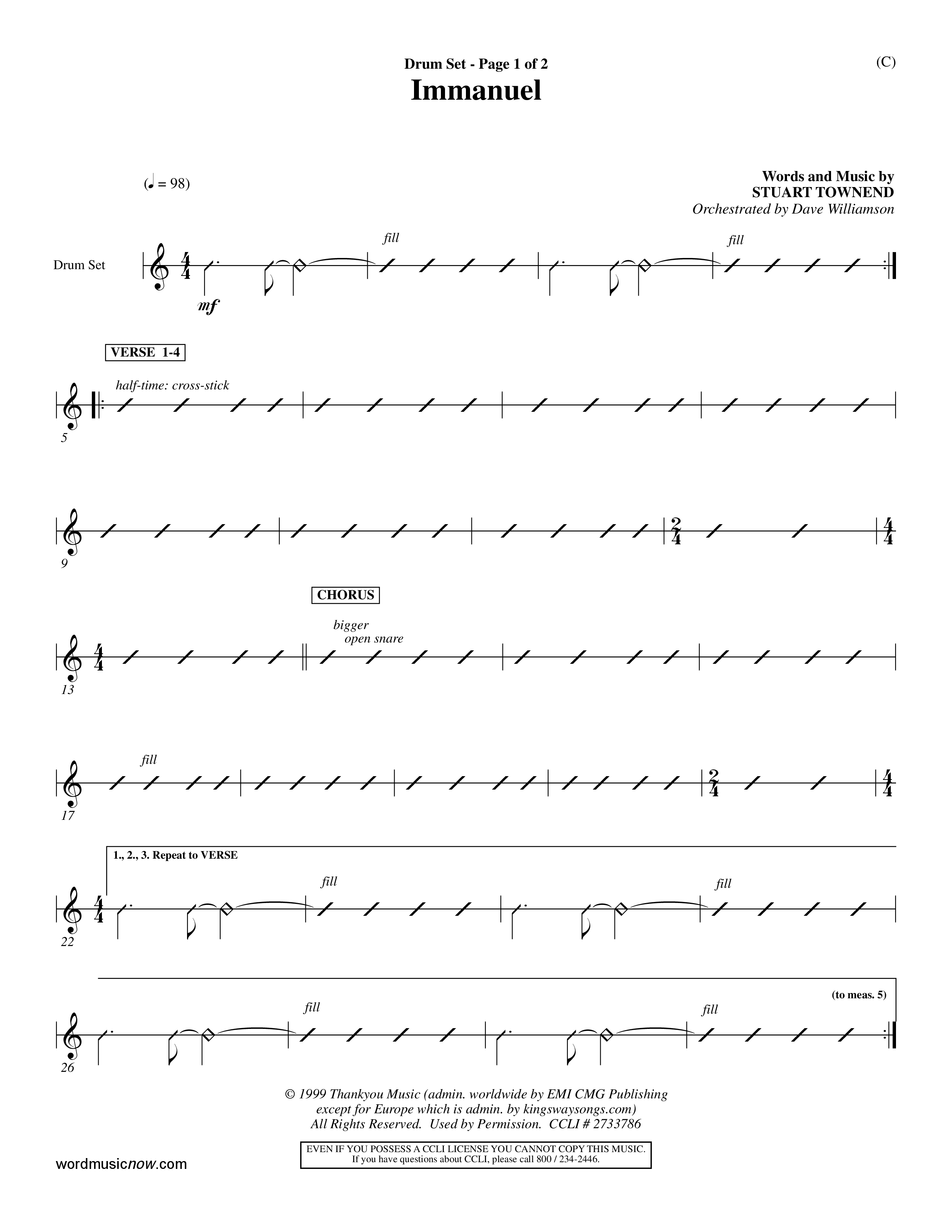 Immanuel (Choral Anthem SATB) Drum Set (Word Music Choral / Orch. Dave Williamson)