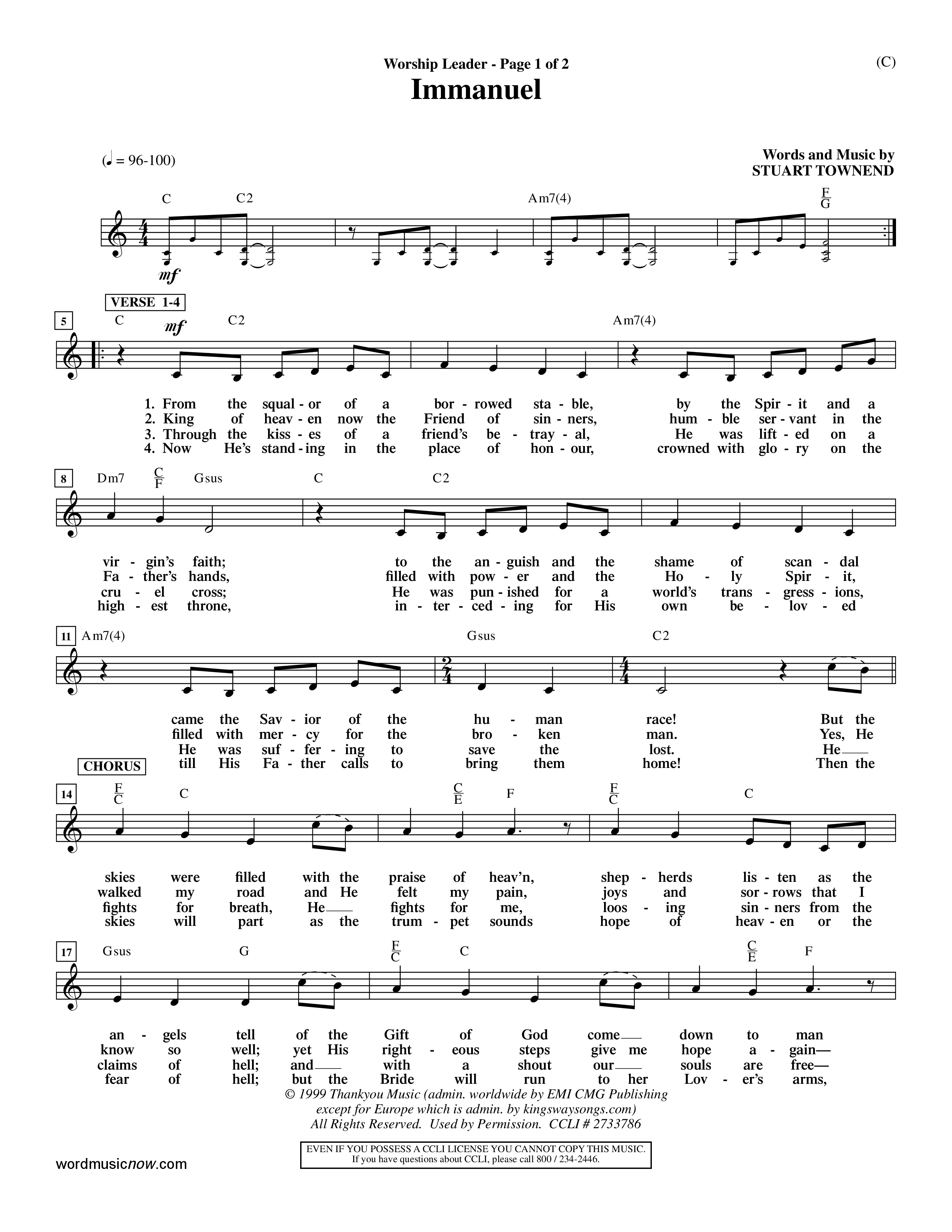 Immanuel (Choral Anthem SATB) Lead Sheet (Mel) (Word Music Choral / Orch. Dave Williamson)