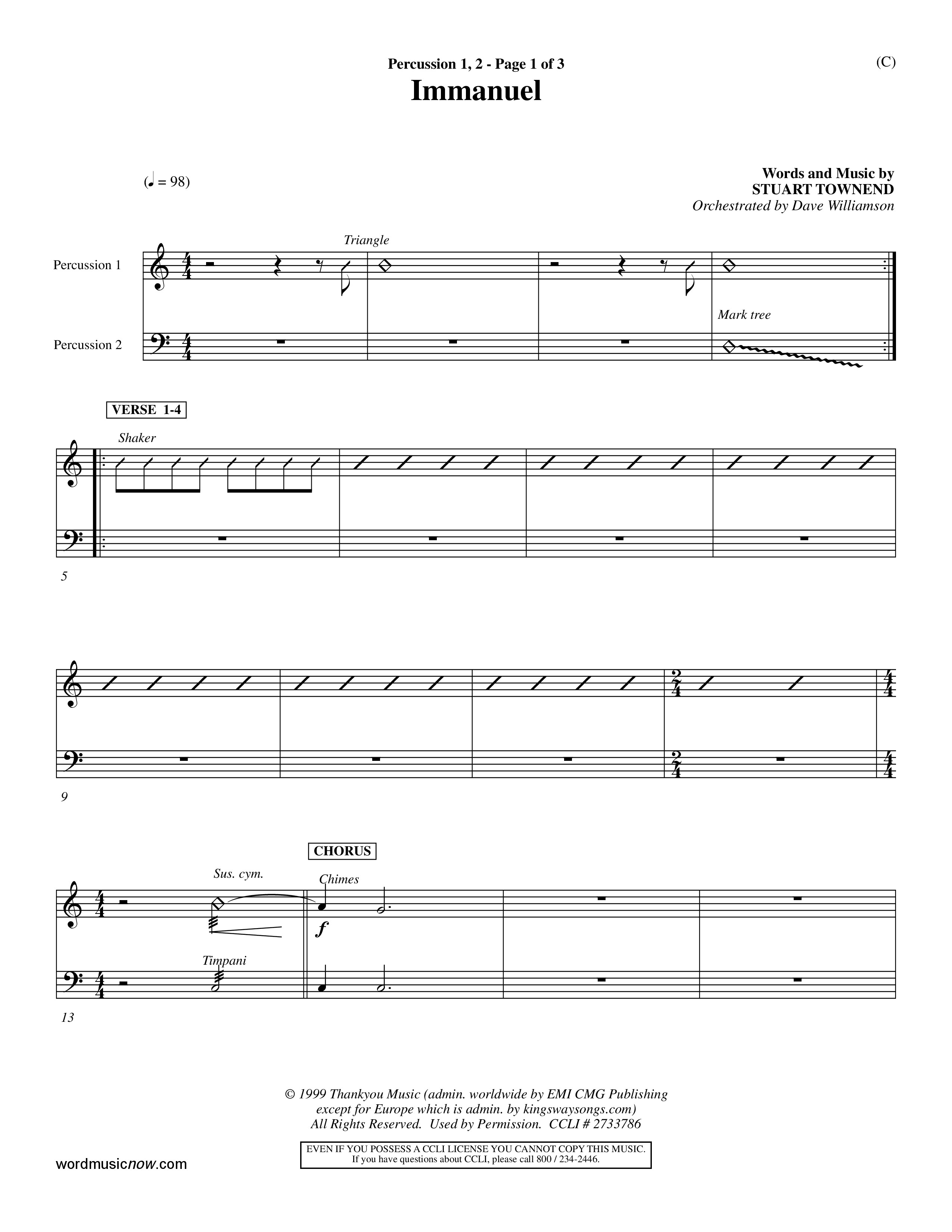Immanuel (Choral Anthem SATB) Percussion 1/2 (Word Music Choral / Orch. Dave Williamson)