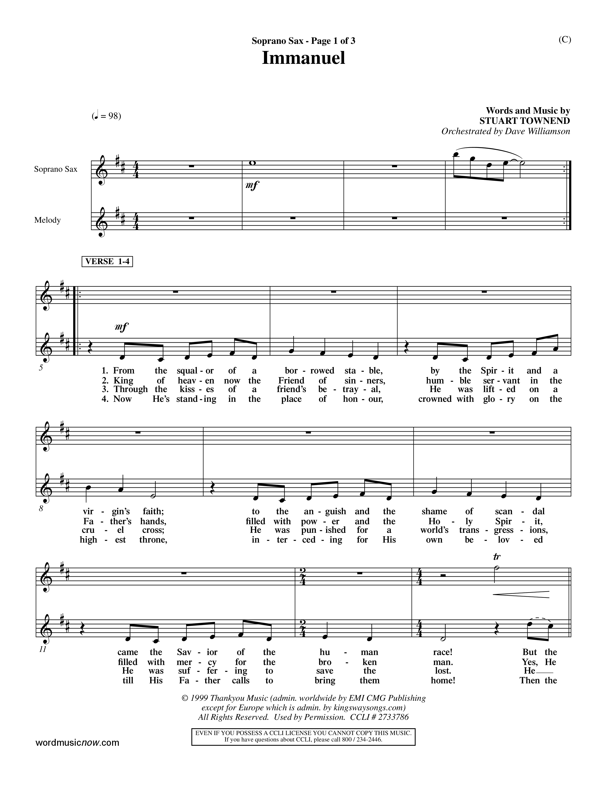 Immanuel (Choral Anthem SATB) Saxophone (Word Music Choral / Orch. Dave Williamson)