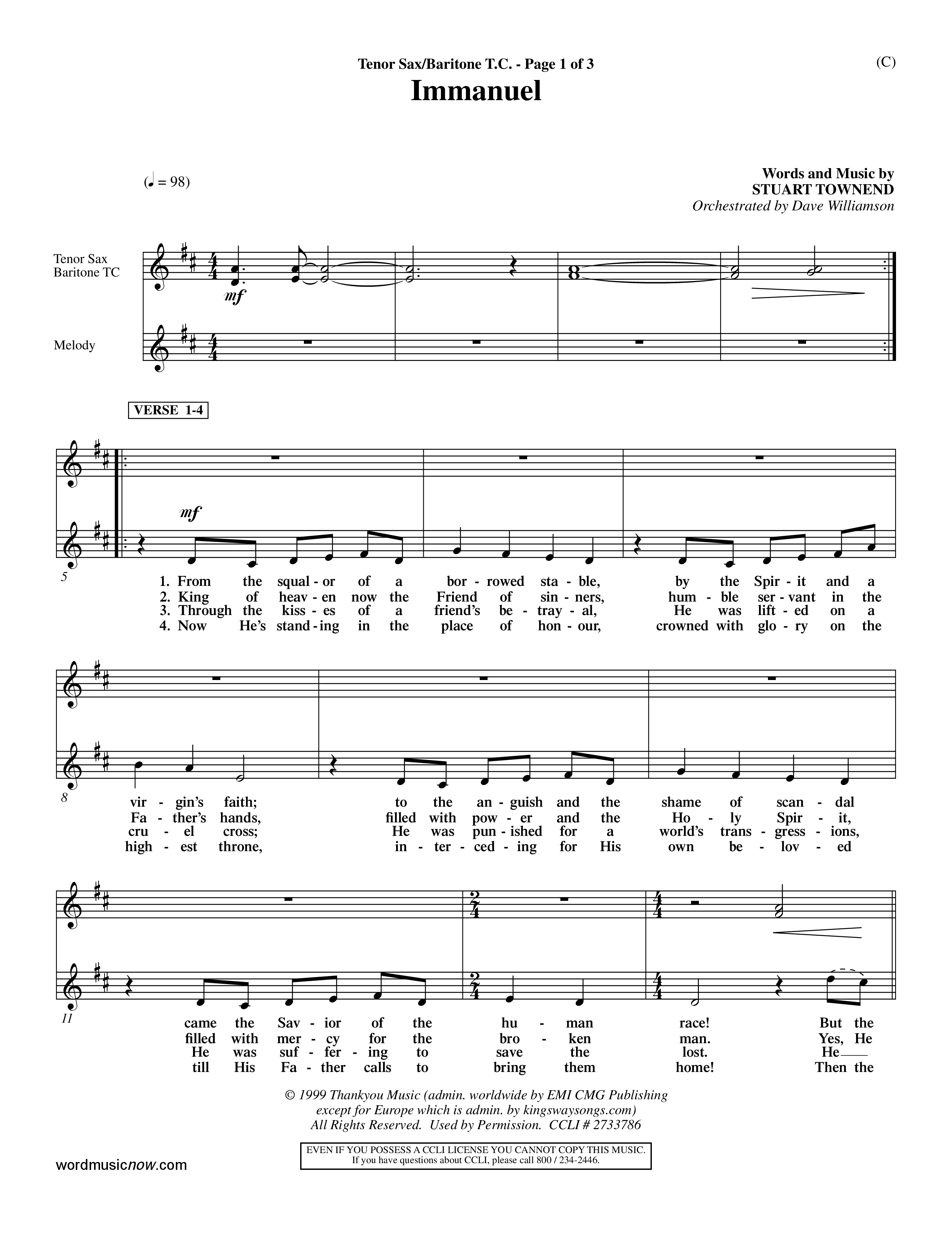 Immanuel (Choral Anthem SATB) Tenor Sax/Baritone T.C. (Word Music Choral / Orch. Dave Williamson)