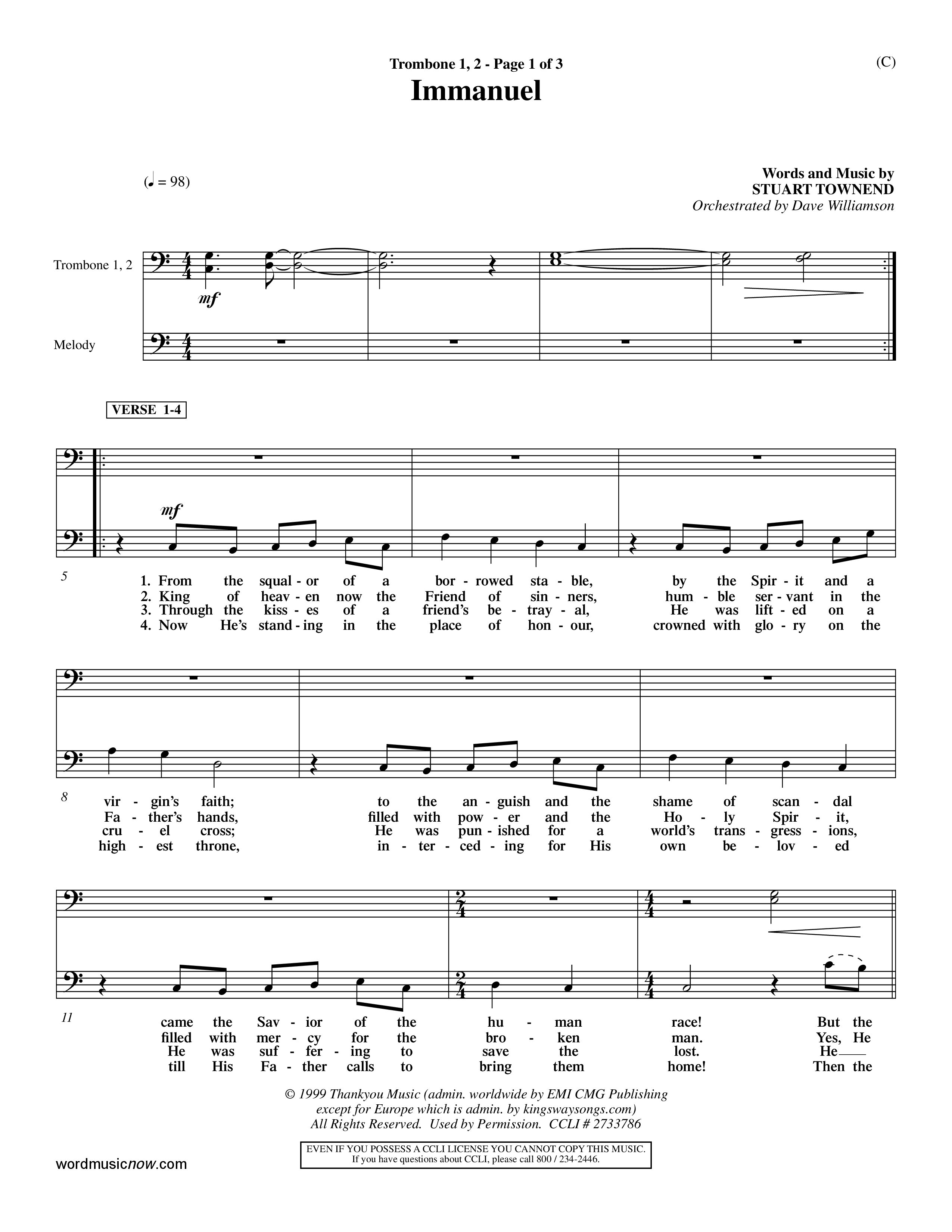Immanuel (Choral Anthem SATB) Trombone 1/2 (Word Music Choral / Orch. Dave Williamson)