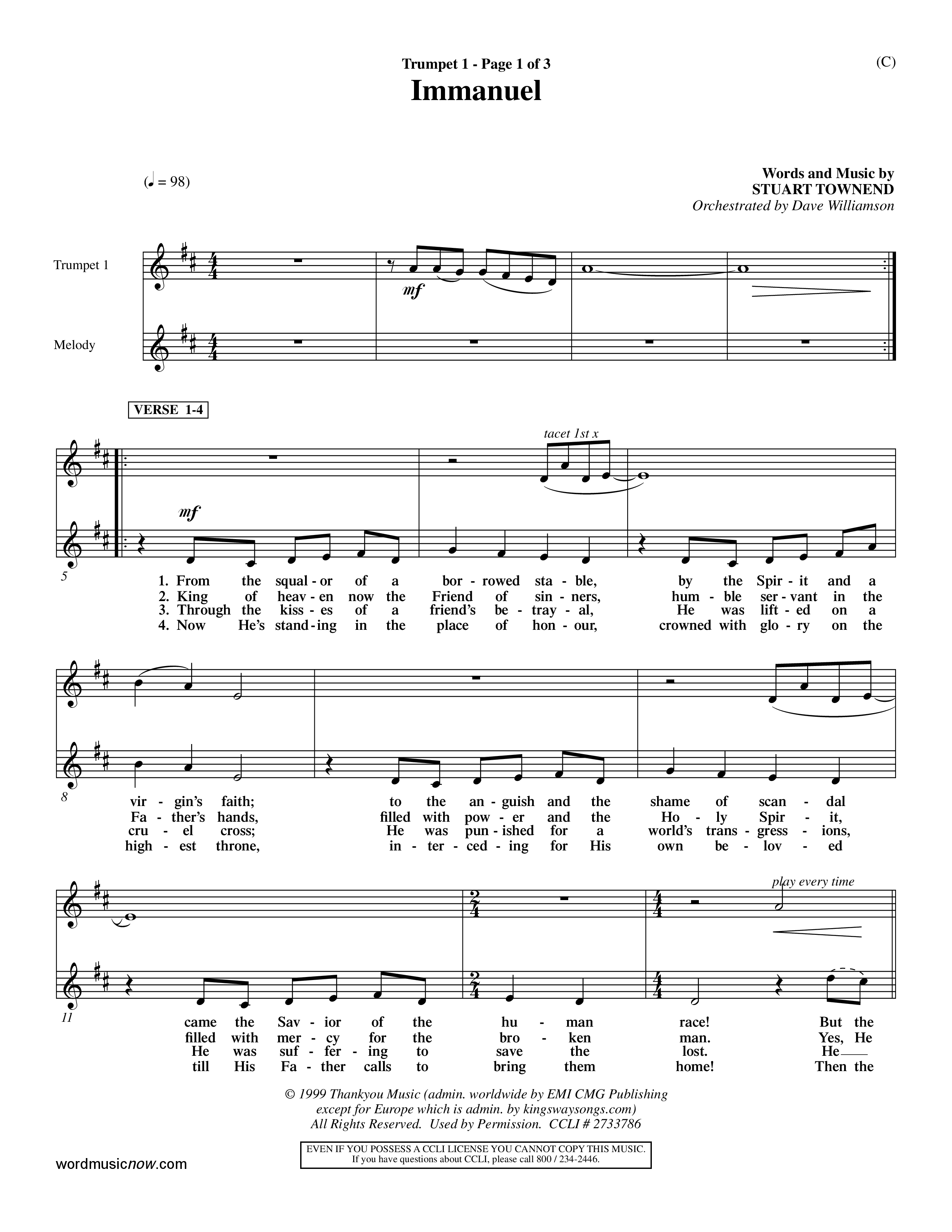 Immanuel (Choral Anthem SATB) Trumpet 1 (Word Music Choral / Orch. Dave Williamson)