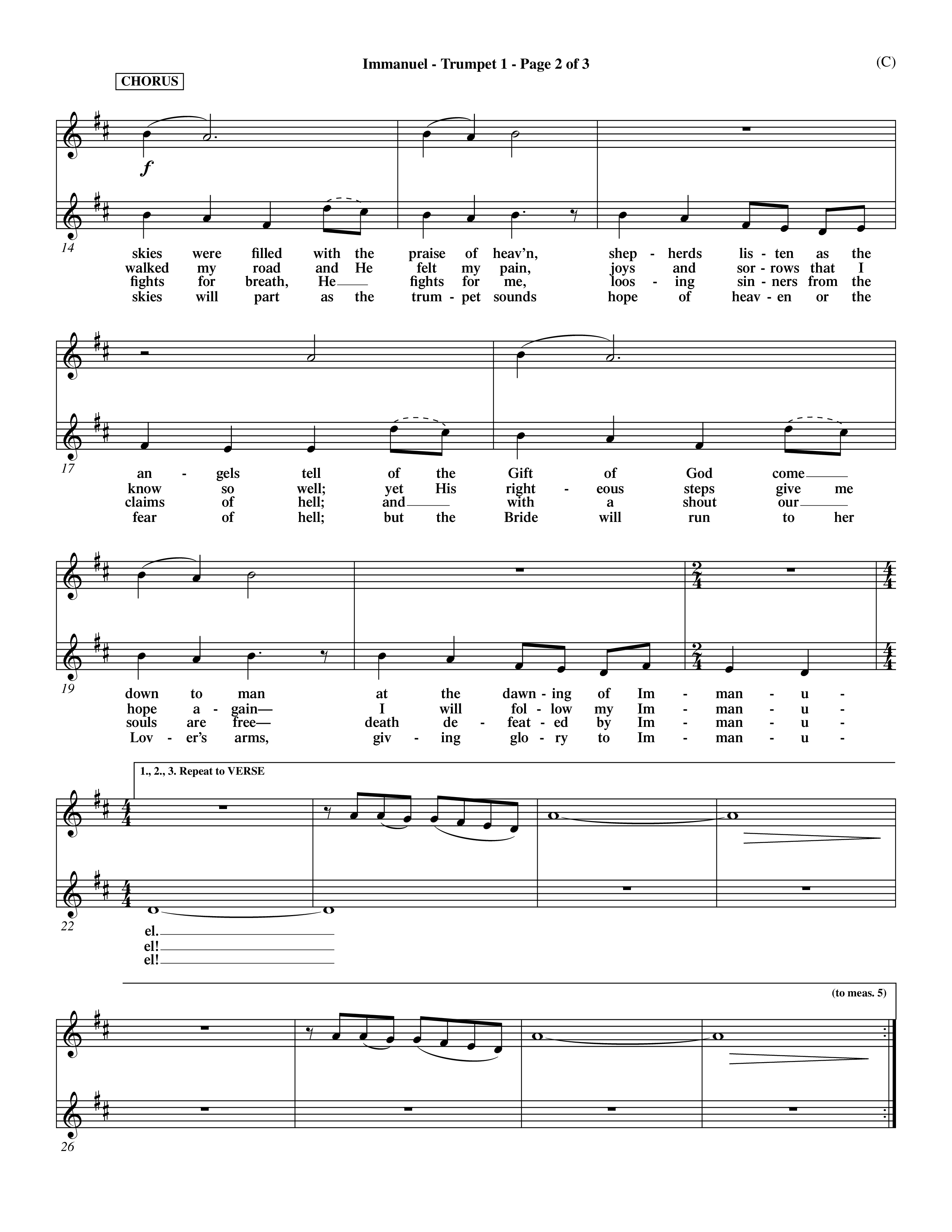 Immanuel (Choral Anthem SATB) Trumpet 1 (Word Music Choral / Orch. Dave Williamson)