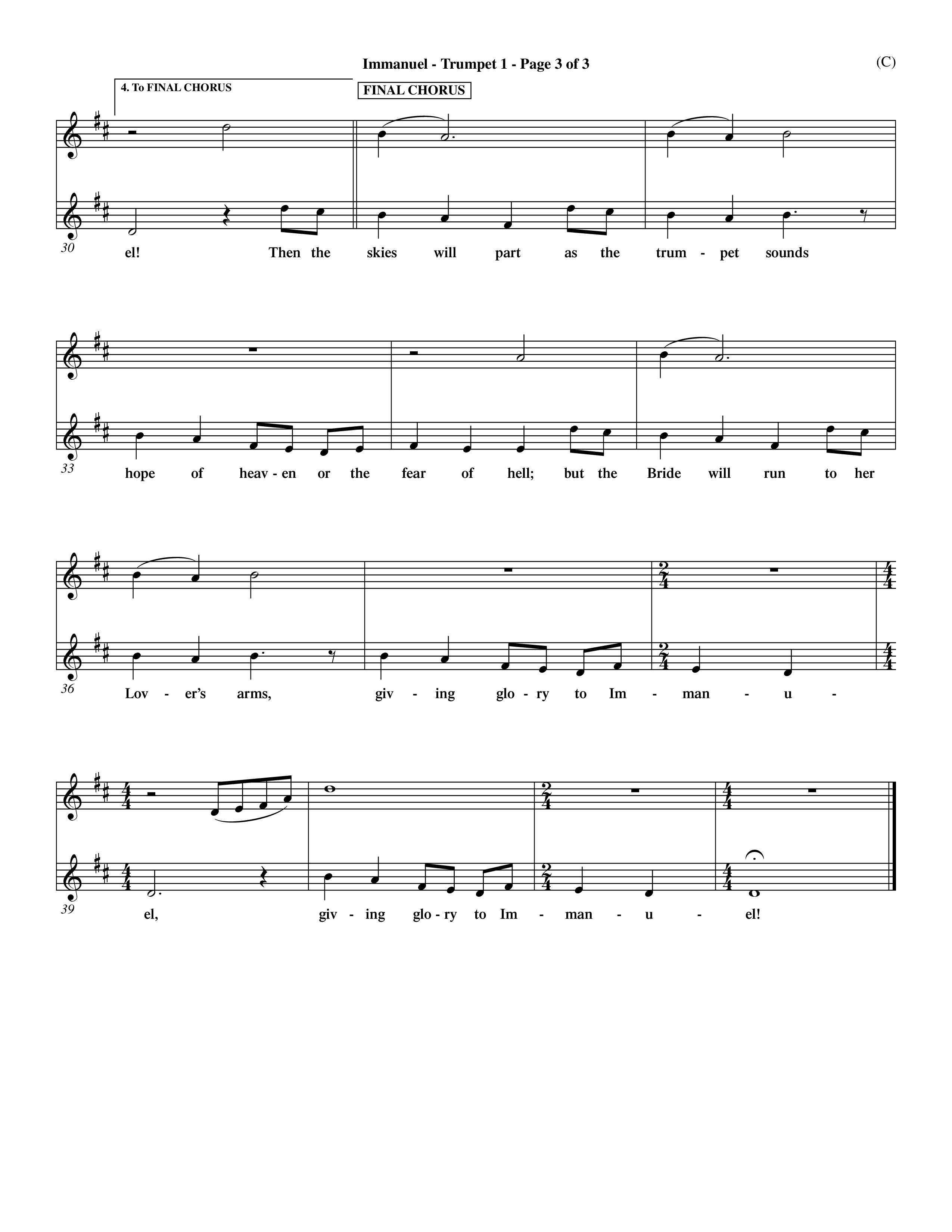 Immanuel (Choral Anthem SATB) Trumpet 1 (Word Music Choral / Orch. Dave Williamson)