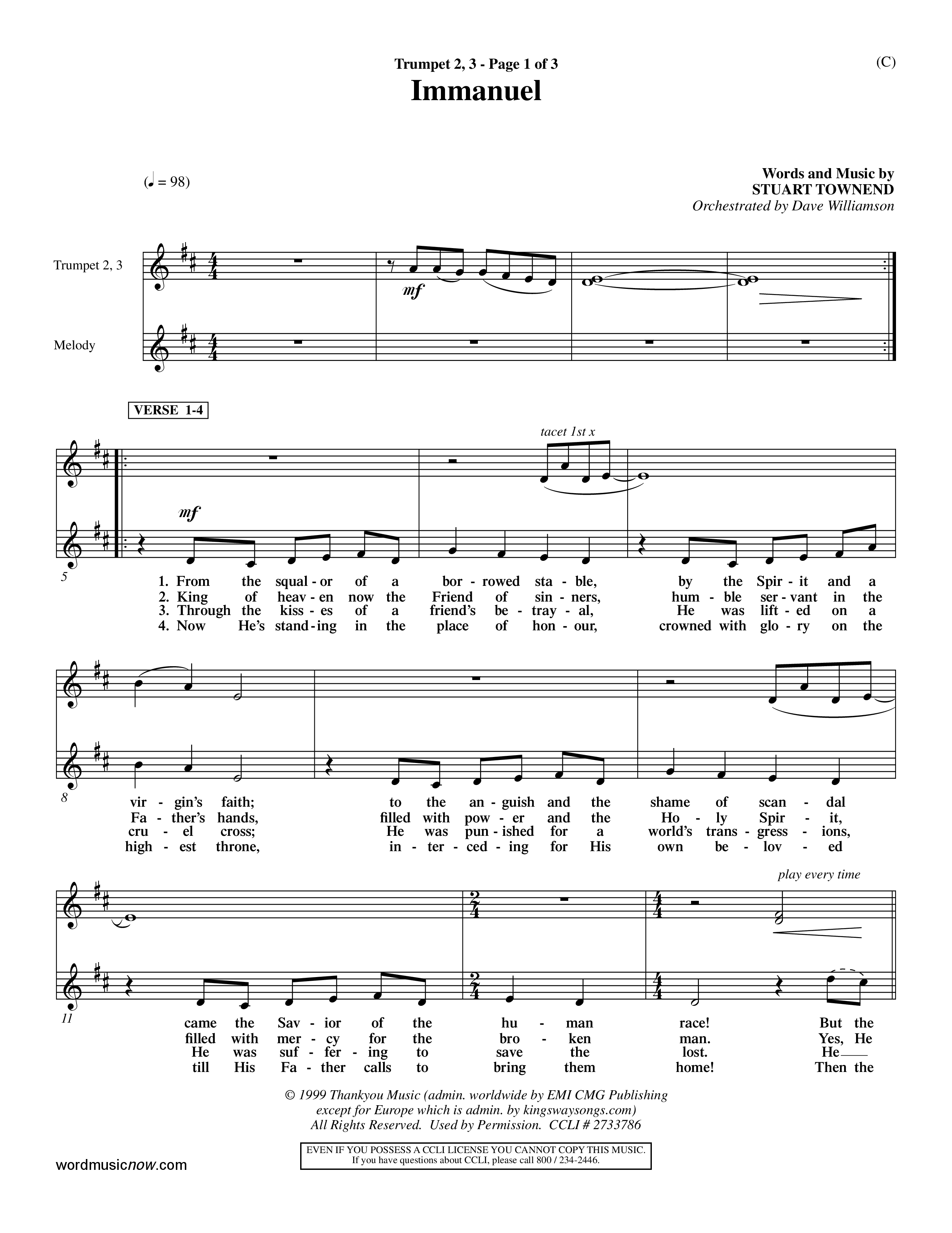 Immanuel (Choral Anthem SATB) Trumpet 2/3 (Word Music Choral / Orch. Dave Williamson)