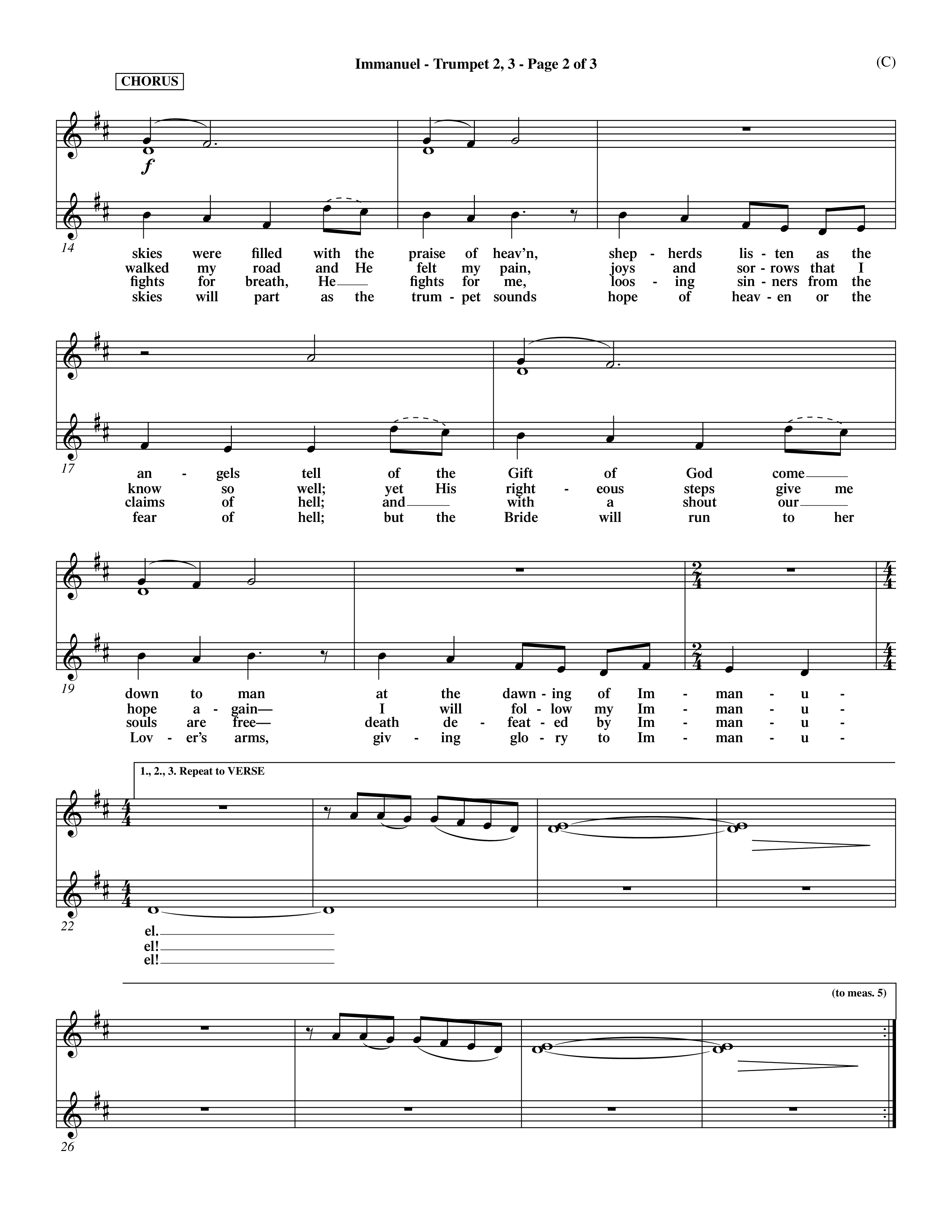 Immanuel (Choral Anthem SATB) Trumpet 2/3 (Word Music Choral / Orch. Dave Williamson)