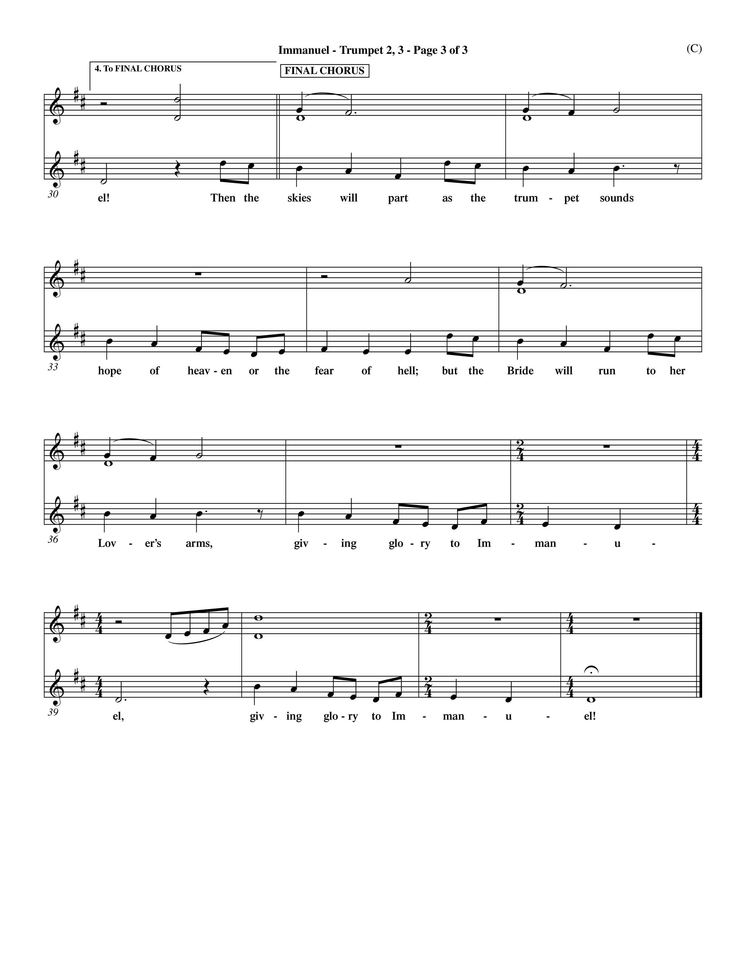 Immanuel (Choral Anthem SATB) Trumpet 2/3 (Word Music Choral / Orch. Dave Williamson)