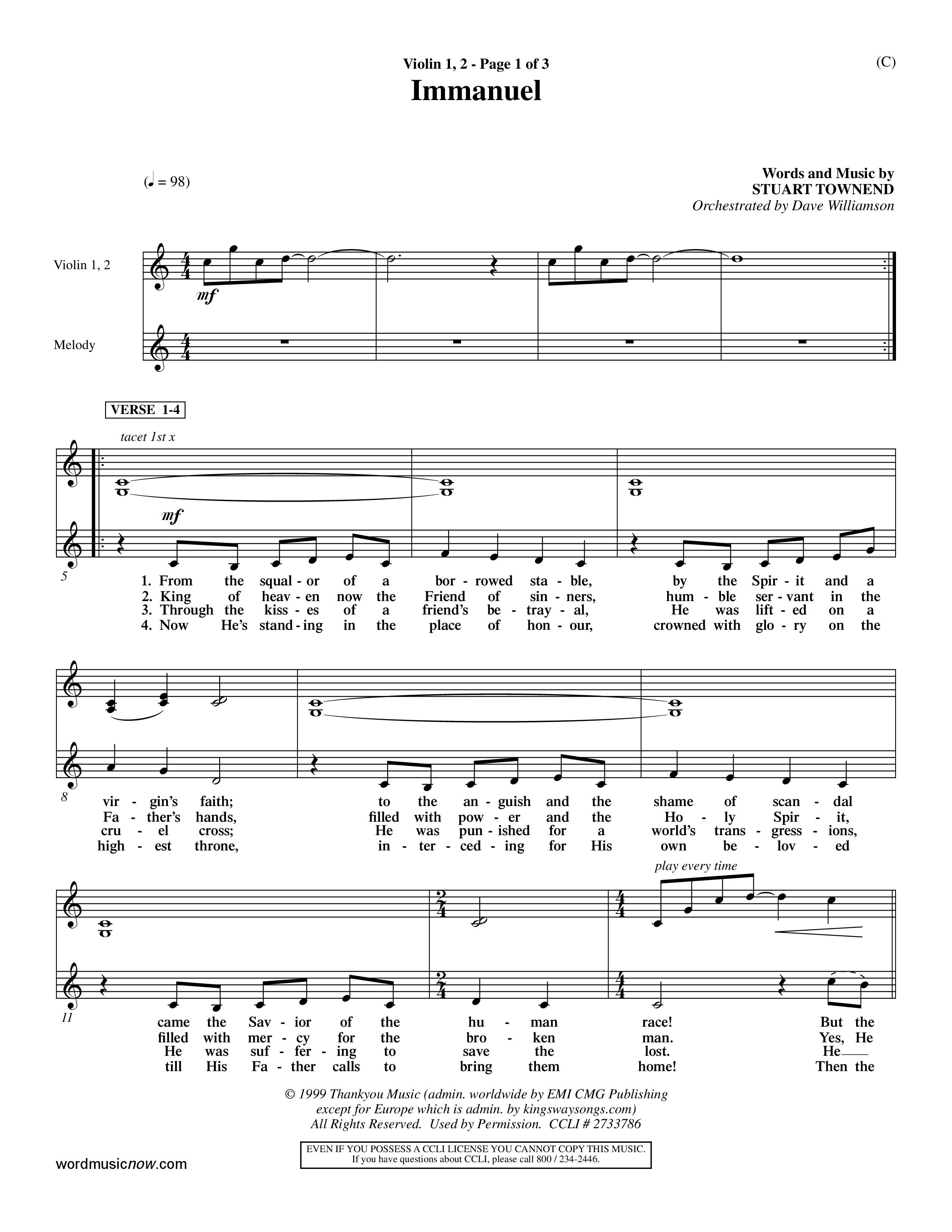 Immanuel (Choral Anthem SATB) Violin 1/2 (Word Music Choral / Orch. Dave Williamson)
