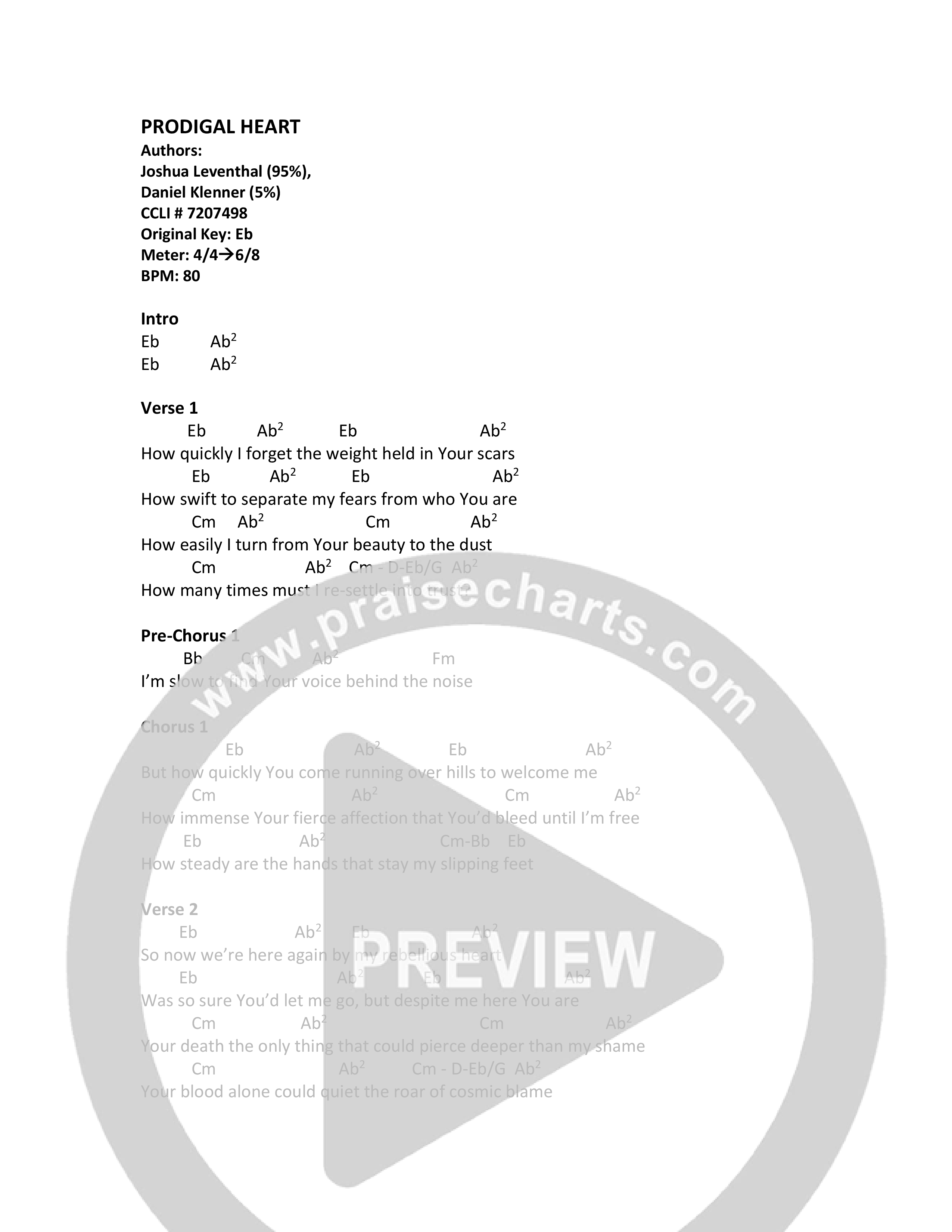 Prodigal Heart Chord Chart (Joshua Leventhal)