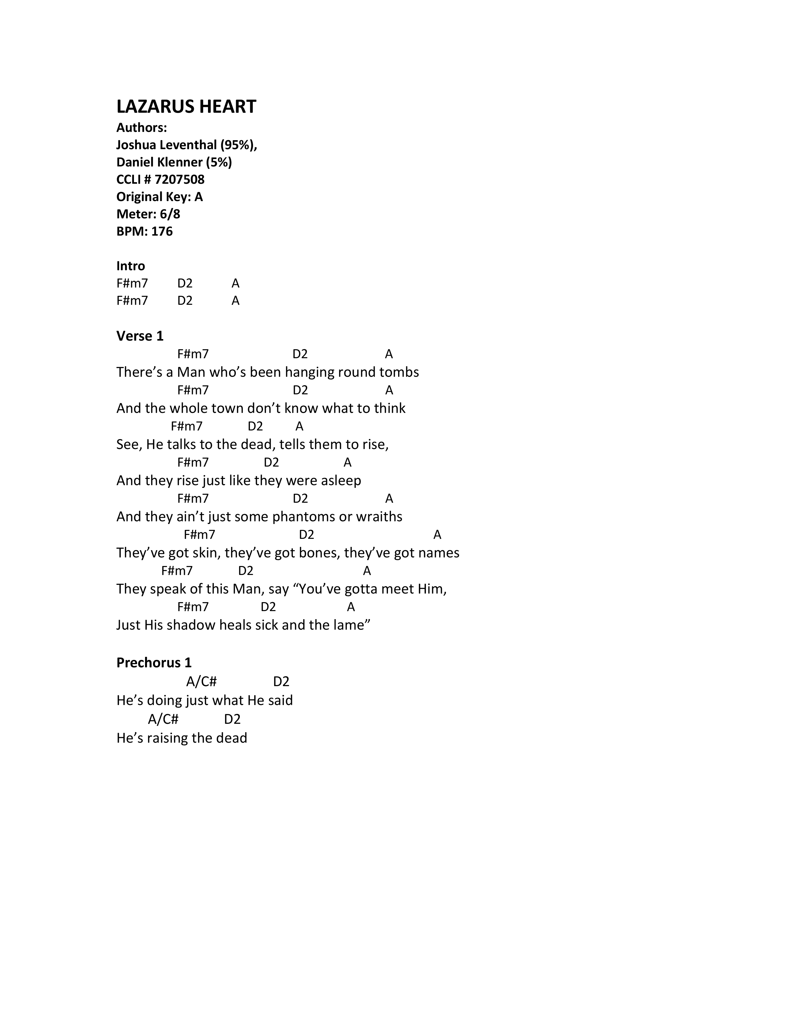 Lazarus Heart Chord Chart (Joshua Leventhal)