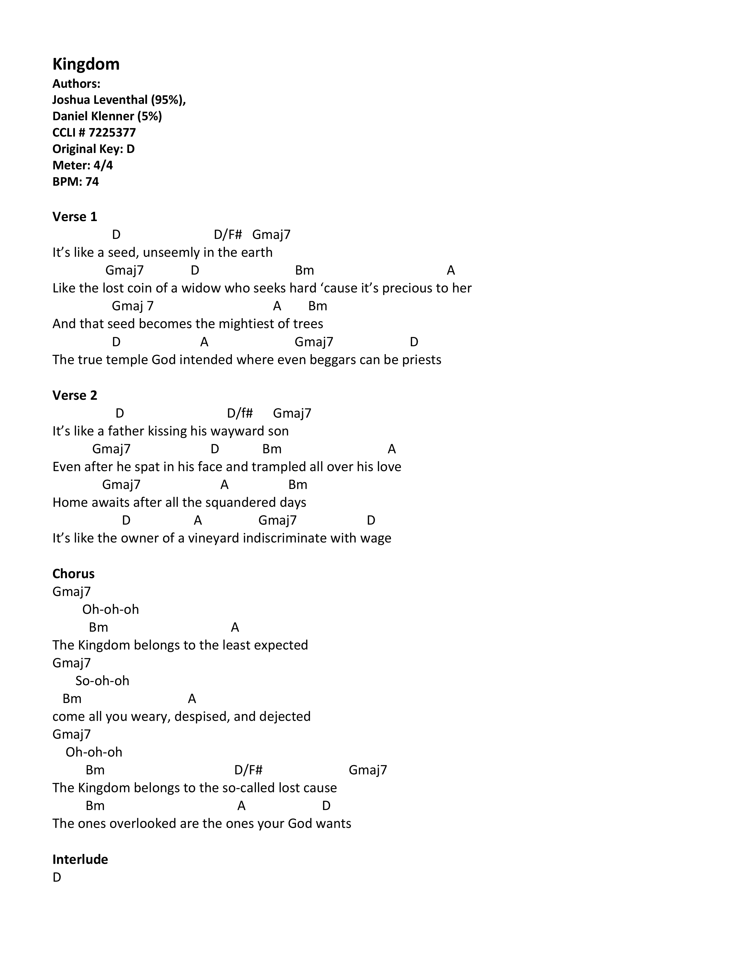 Kingdom Chord Chart (Joshua Leventhal)
