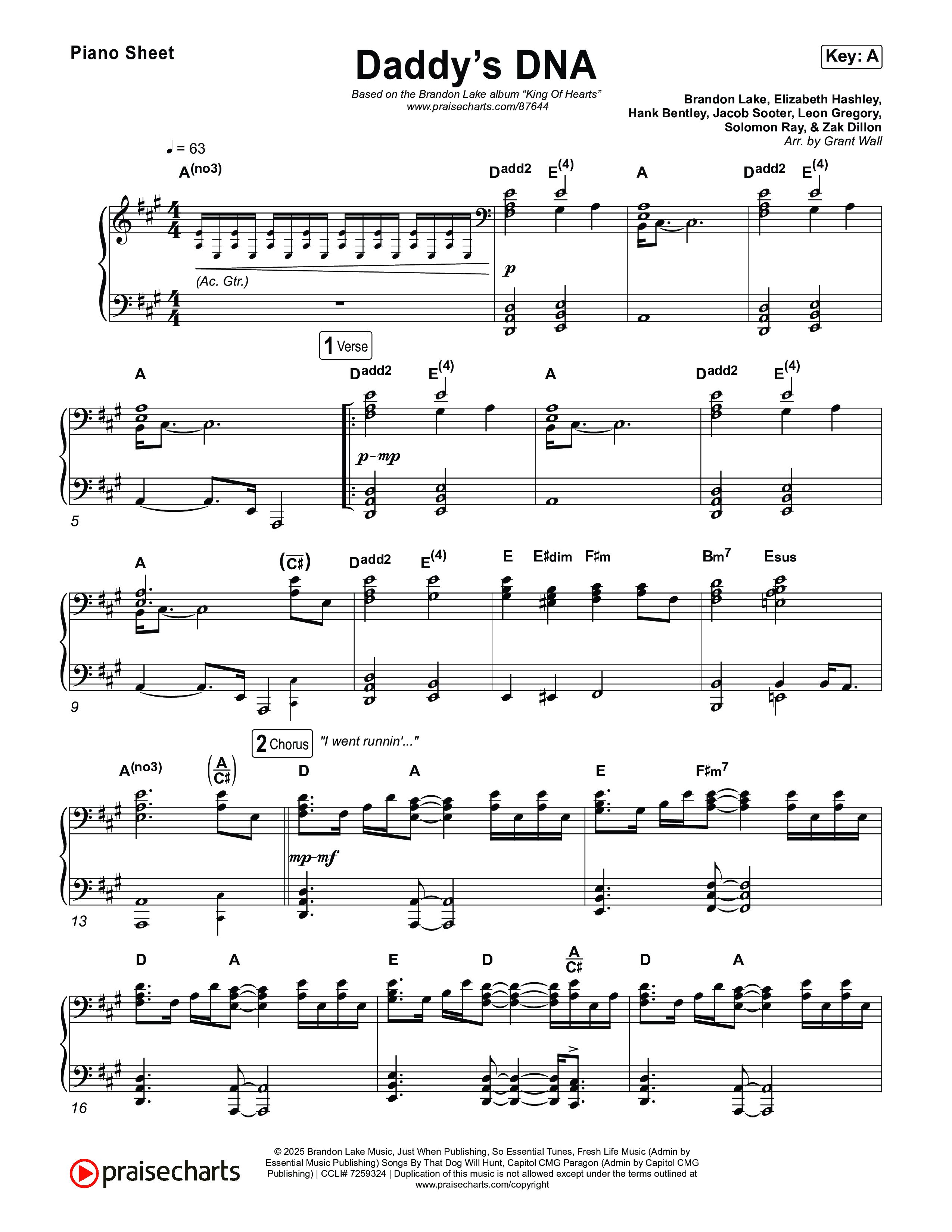 Daddy's DNA Piano Sheet (Brandon Lake)