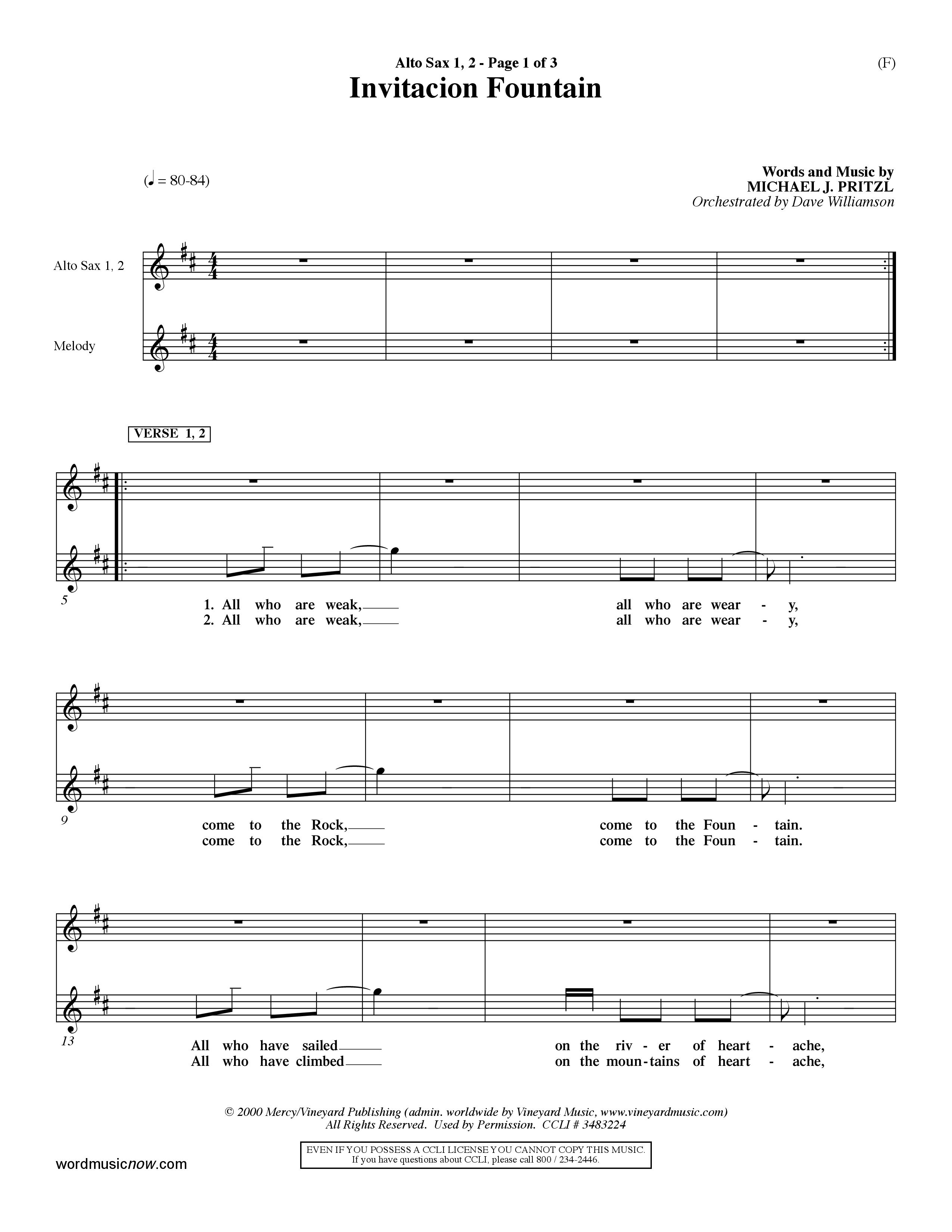 Invitacion Fountain (Choral Anthem SATB) Alto Sax 1/2 (Word Music Choral / Orch. Dave Williamson)