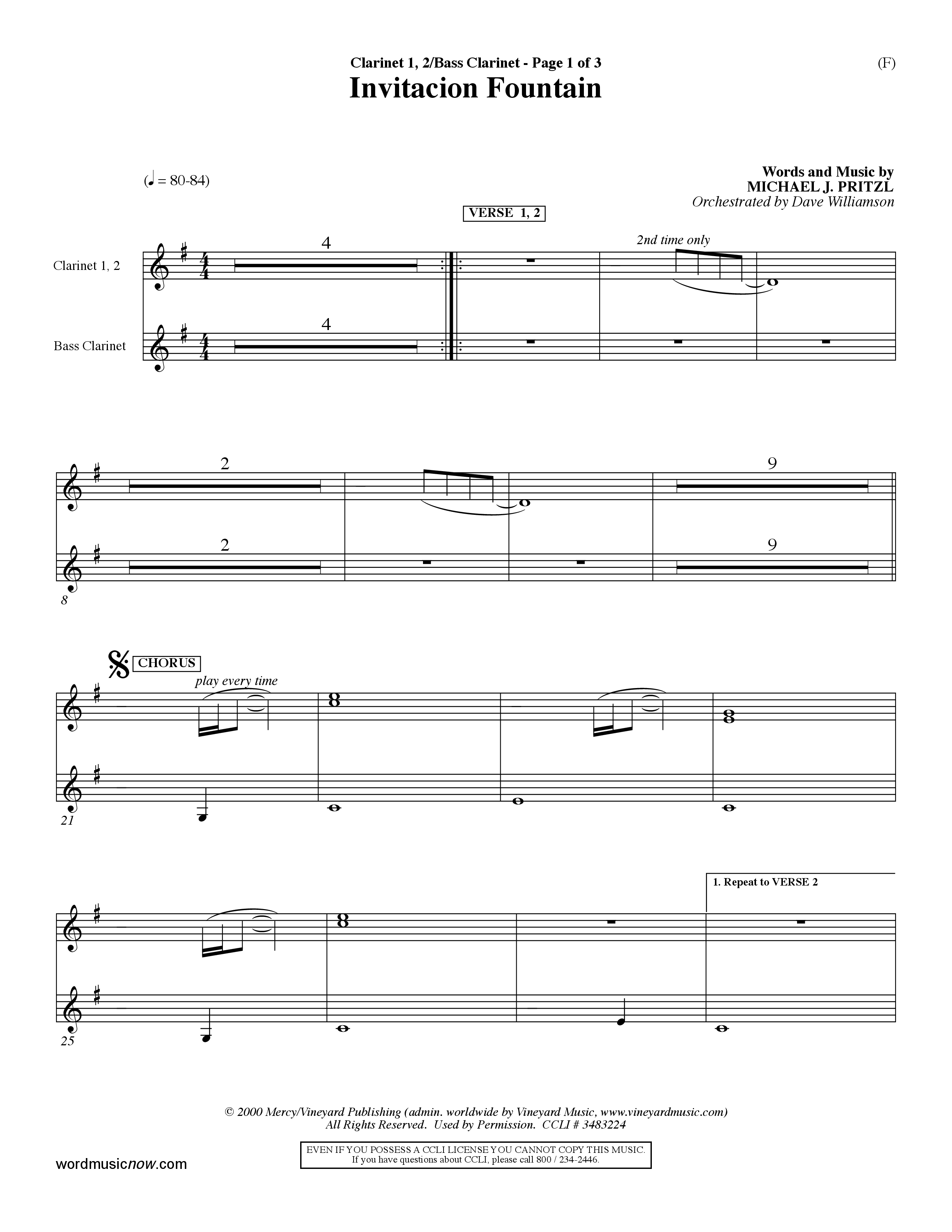Invitacion Fountain (Choral Anthem SATB) Clarinet 1/2, Bass Clarinet (Word Music Choral / Orch. Dave Williamson)