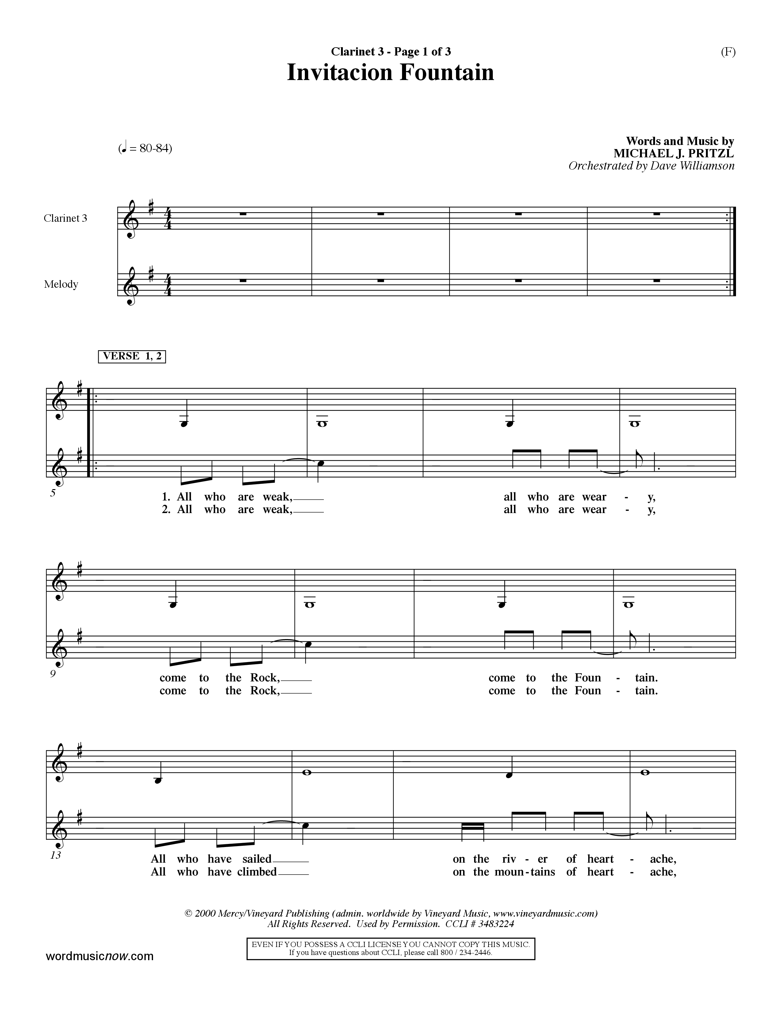 Invitacion Fountain (Choral Anthem SATB) Clarinet 3 (Word Music Choral / Orch. Dave Williamson)