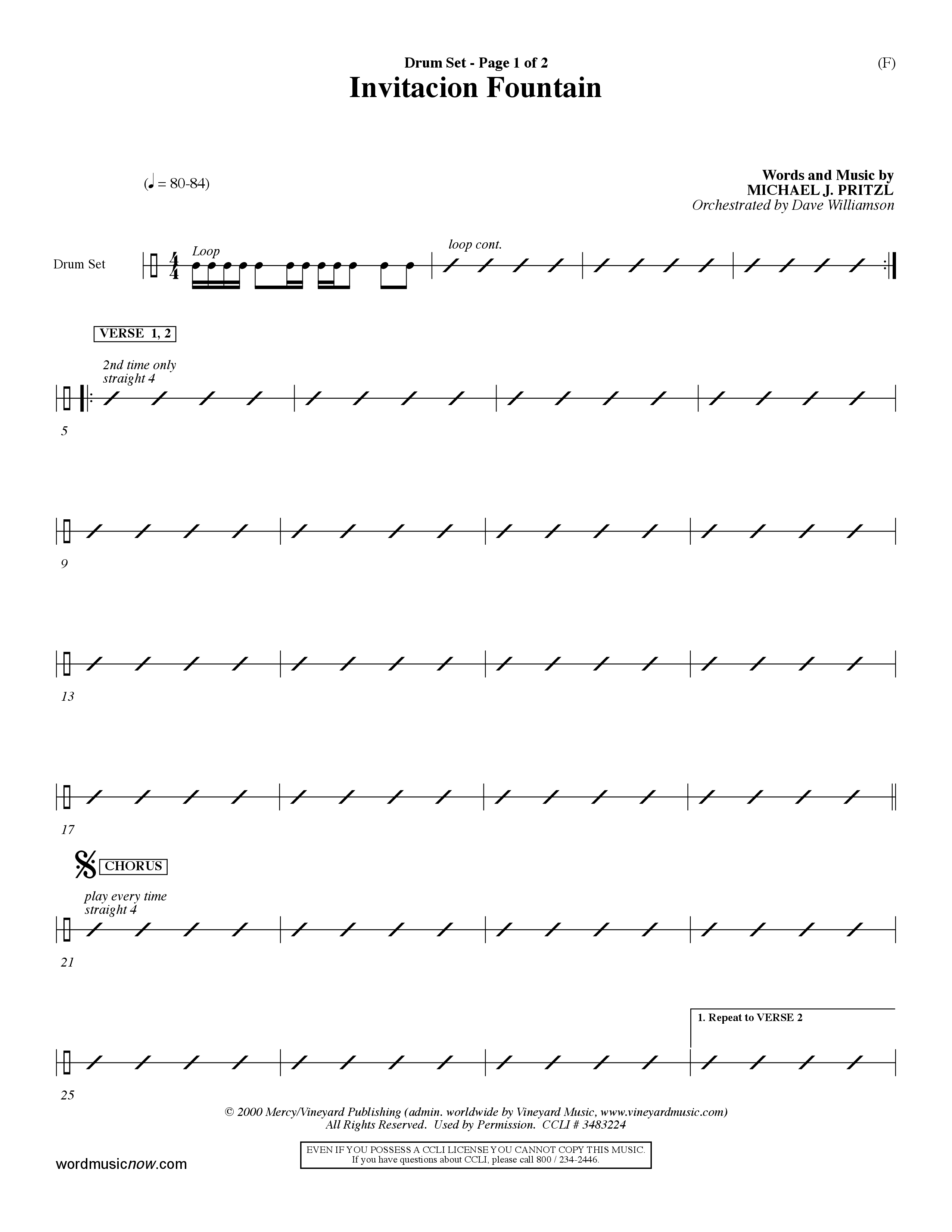 Invitacion Fountain (Choral Anthem SATB) Drum Set (Word Music Choral / Orch. Dave Williamson)