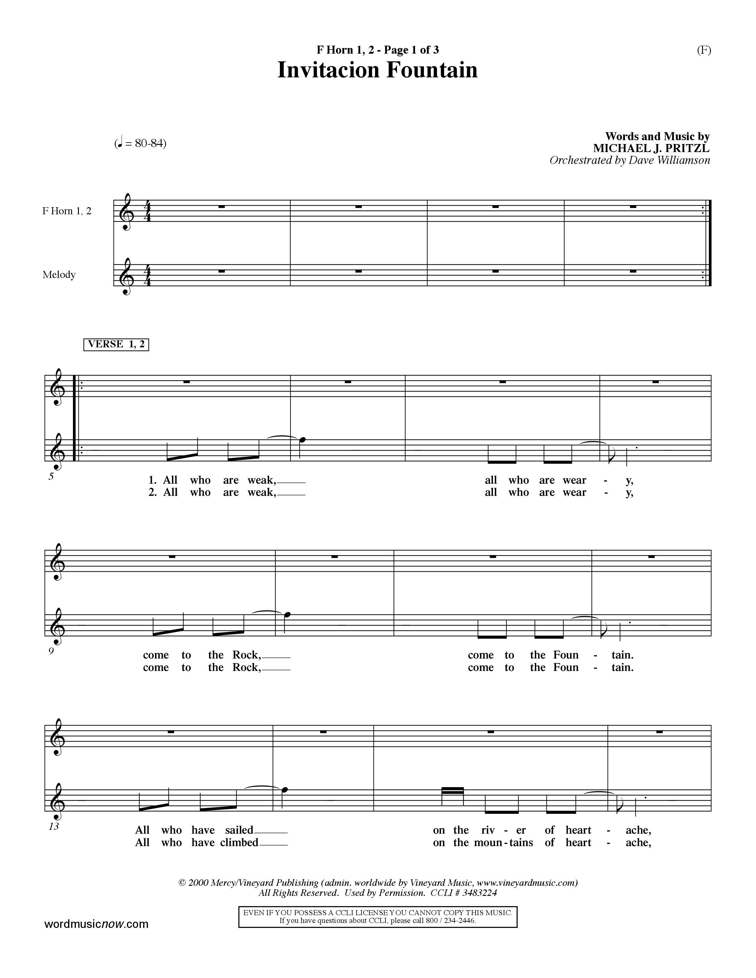 Invitacion Fountain (Choral Anthem SATB) French Horn (Word Music Choral / Orch. Dave Williamson)