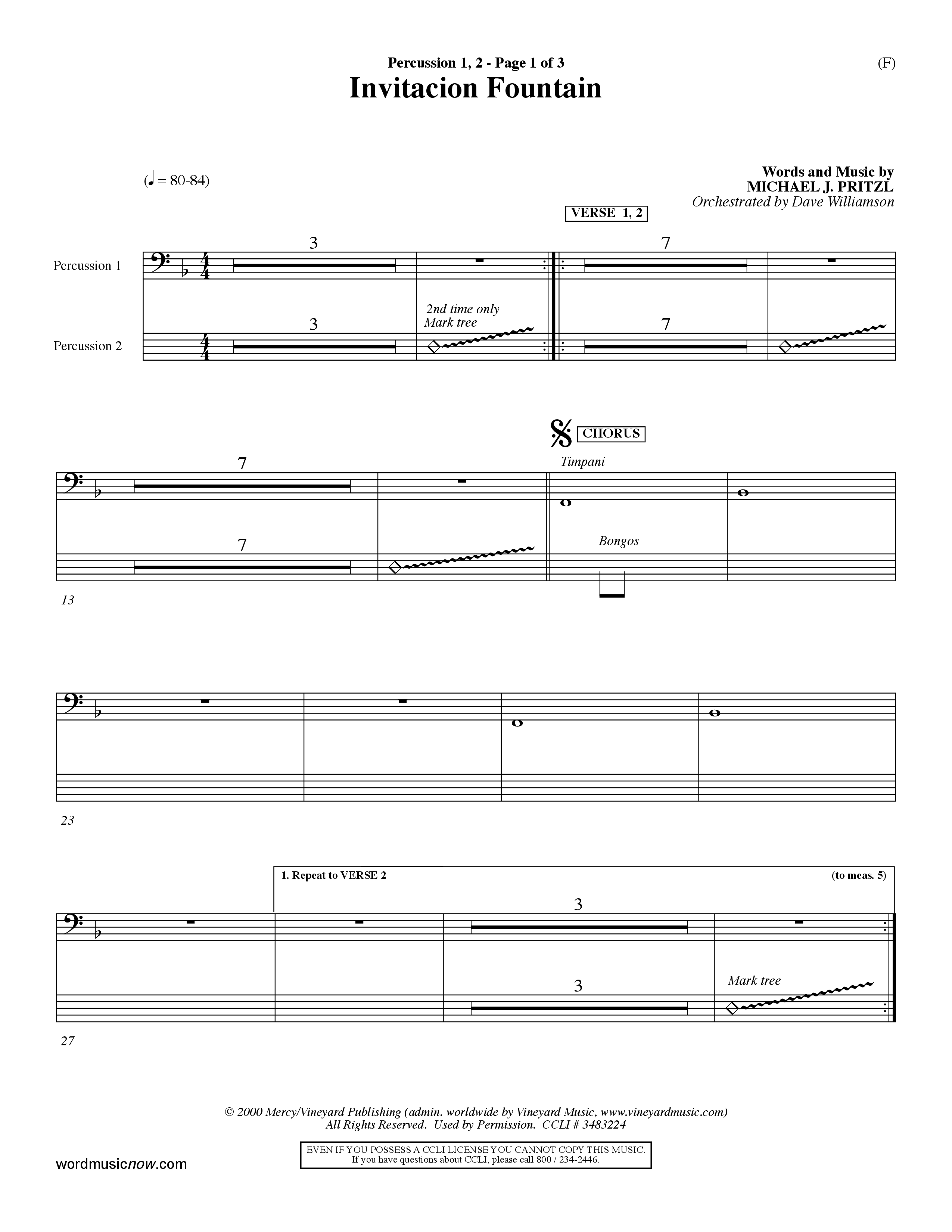 Invitacion Fountain (Choral Anthem SATB) Percussion 1/2 (Word Music Choral / Orch. Dave Williamson)