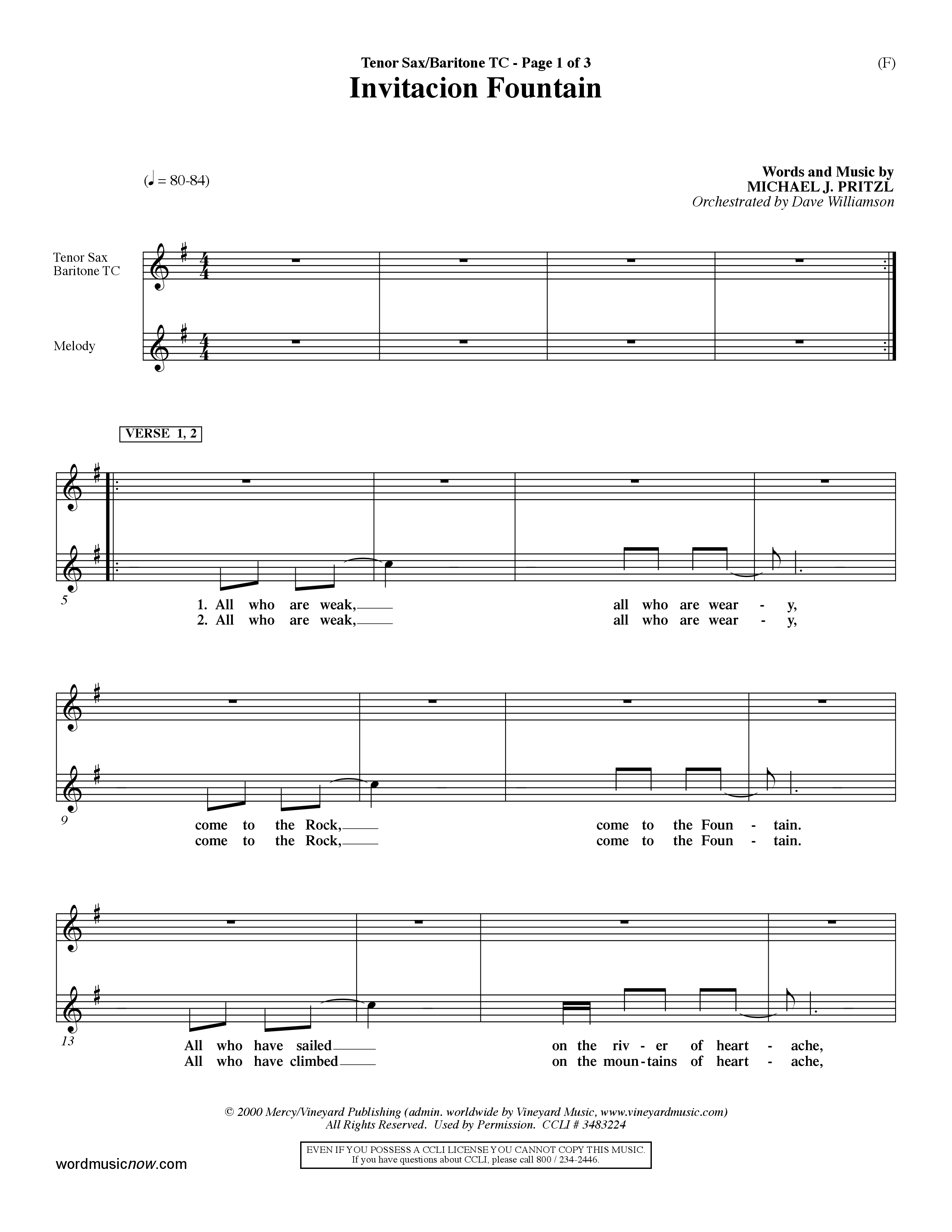 Invitacion Fountain (Choral Anthem SATB) Tenor Sax/Baritone T.C. (Word Music Choral / Orch. Dave Williamson)